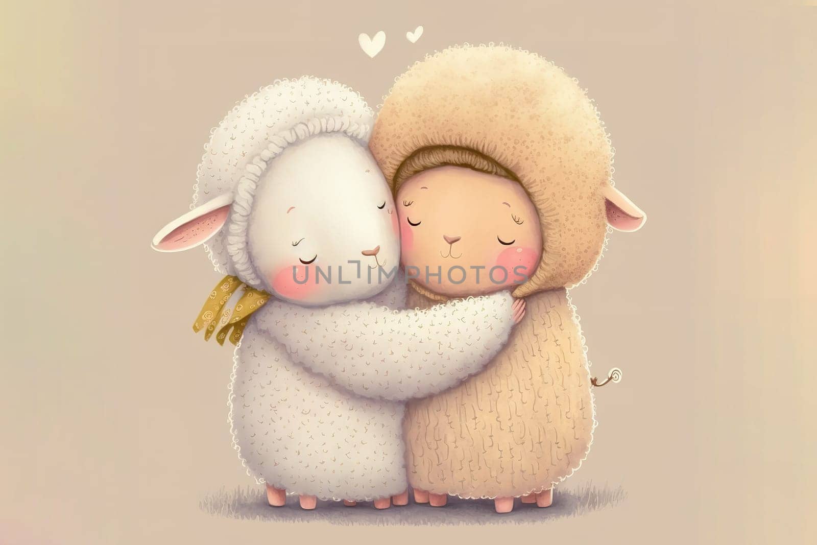 Little sheep in love hugging, kissing and enjoying in their love. Baby sheep illustrated cartoon characters from a fairy tale celebrating Valentine's Day.