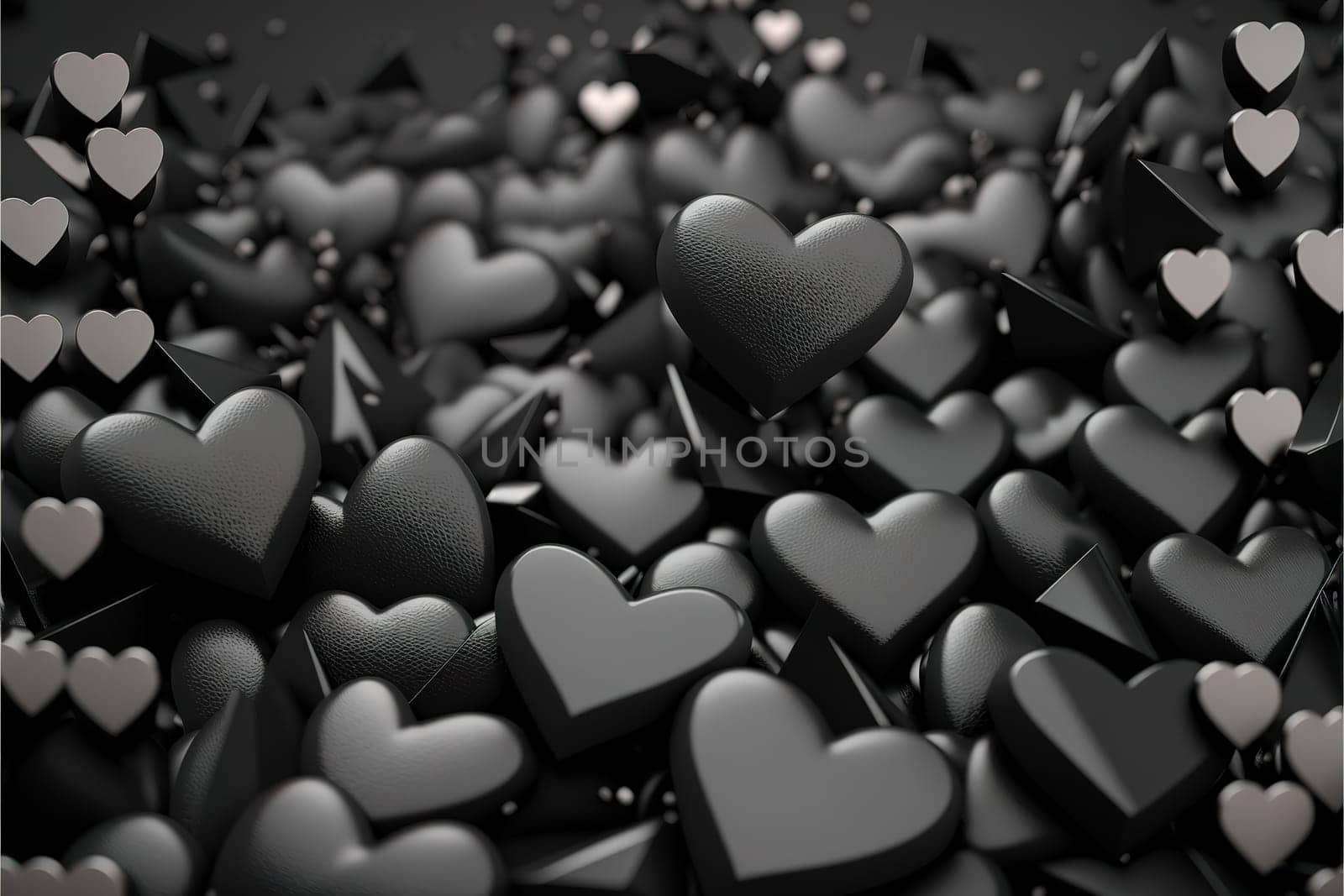 Heap from many small black hearts. Valentine day design concept. Love background. 3D rendering image.