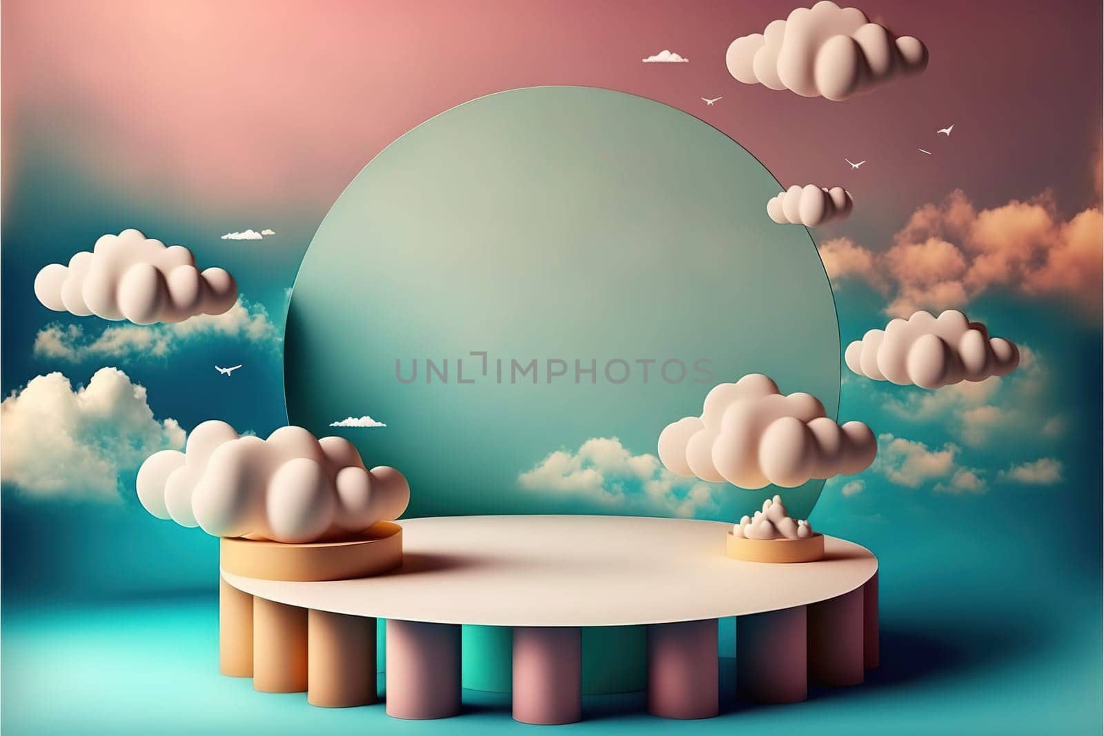 Natural beauty podium backdrop for product display with dreamy sky background. Romantic 3d scene.
