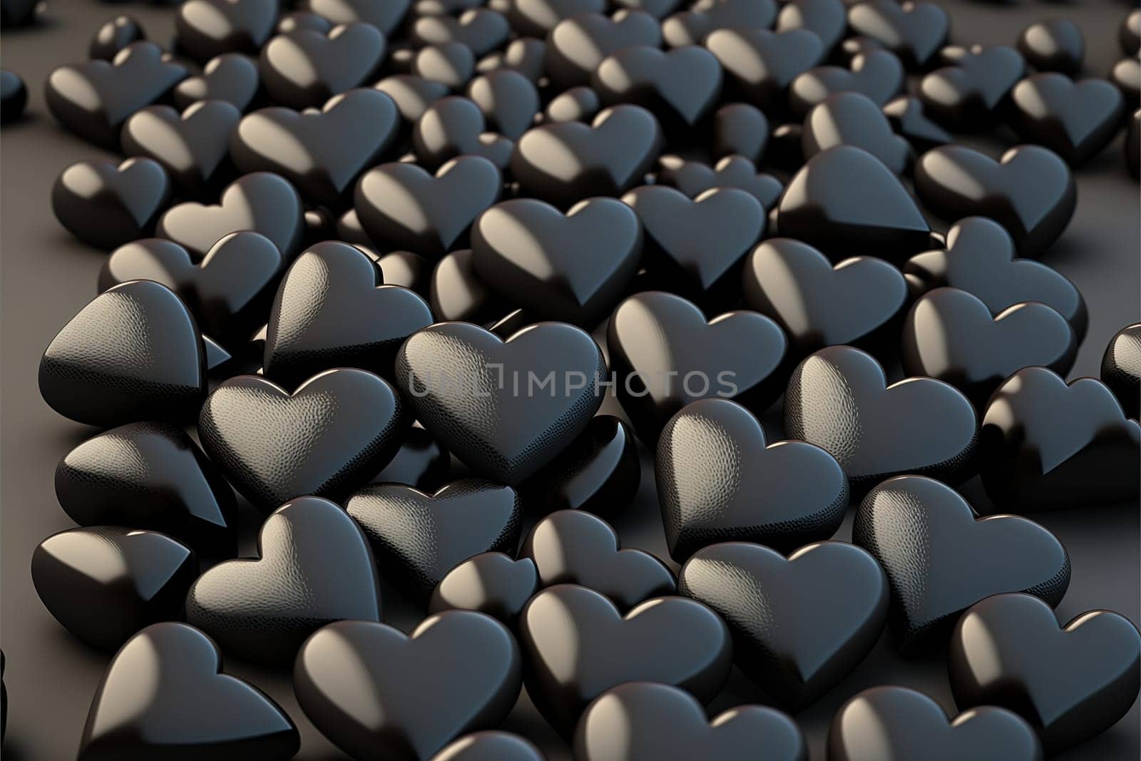 Heap from many small black hearts. Valentine day design concept. Love background. 3D rendering image.