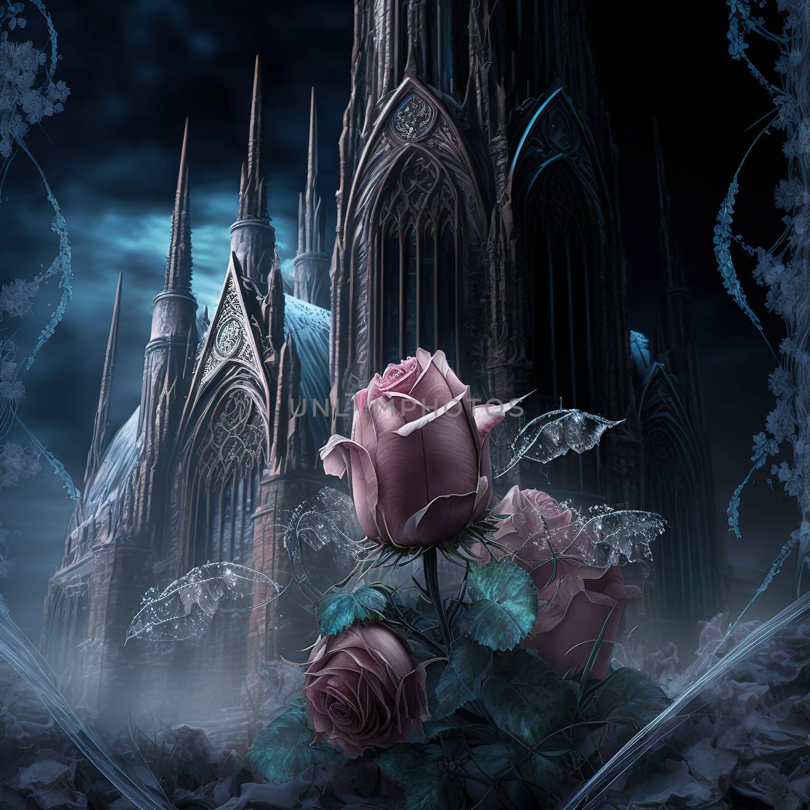 Roses draped with frost fantasy magical with gothic church background.