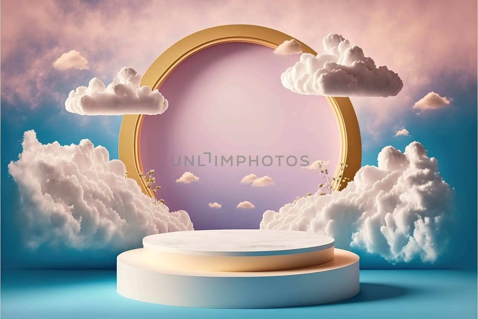 Natural beauty podium backdrop for product display with dreamy sky background. Romantic 3d scene.