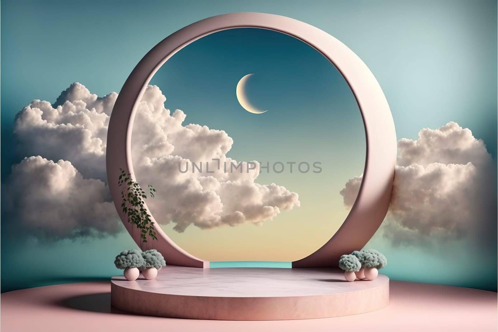 Natural beauty podium backdrop for product display with dreamy sky background. Romantic 3d scene.