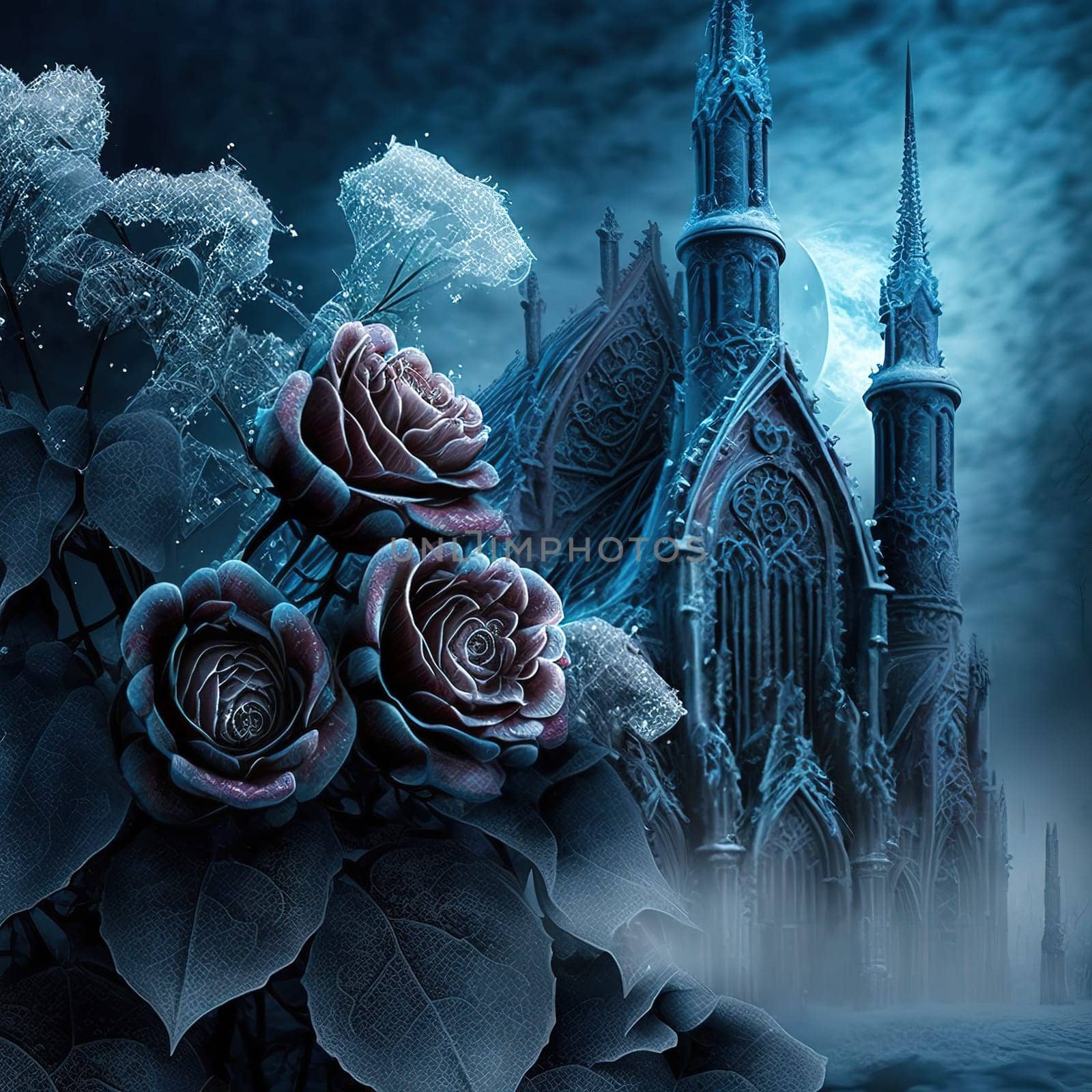 Roses draped with frost fantasy magical with gothic church background.