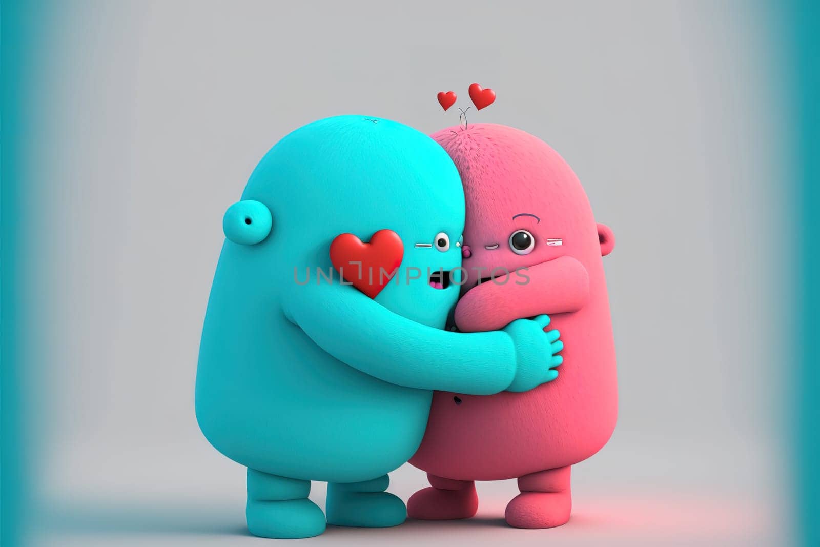 Two cute felt and rubber 3d render characters giving hugs to each others, agenerative id,valentine day or hugs day perfect illustration for poscards.