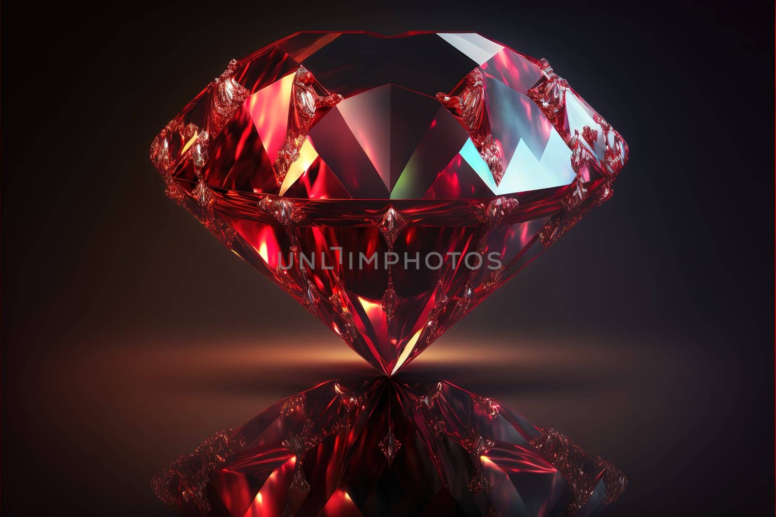 Ruby Gem Diamond dark reflection on gradient background 3d rendering.