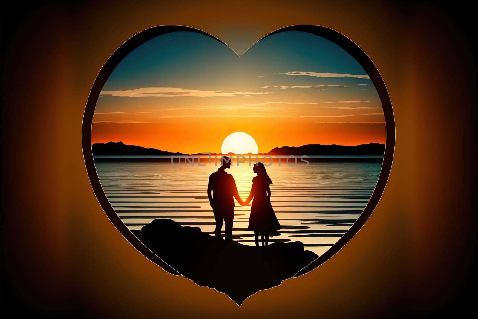 Young couple silhouette framed in heart, against the sunset and ocean, copy space, cartoon illustration.