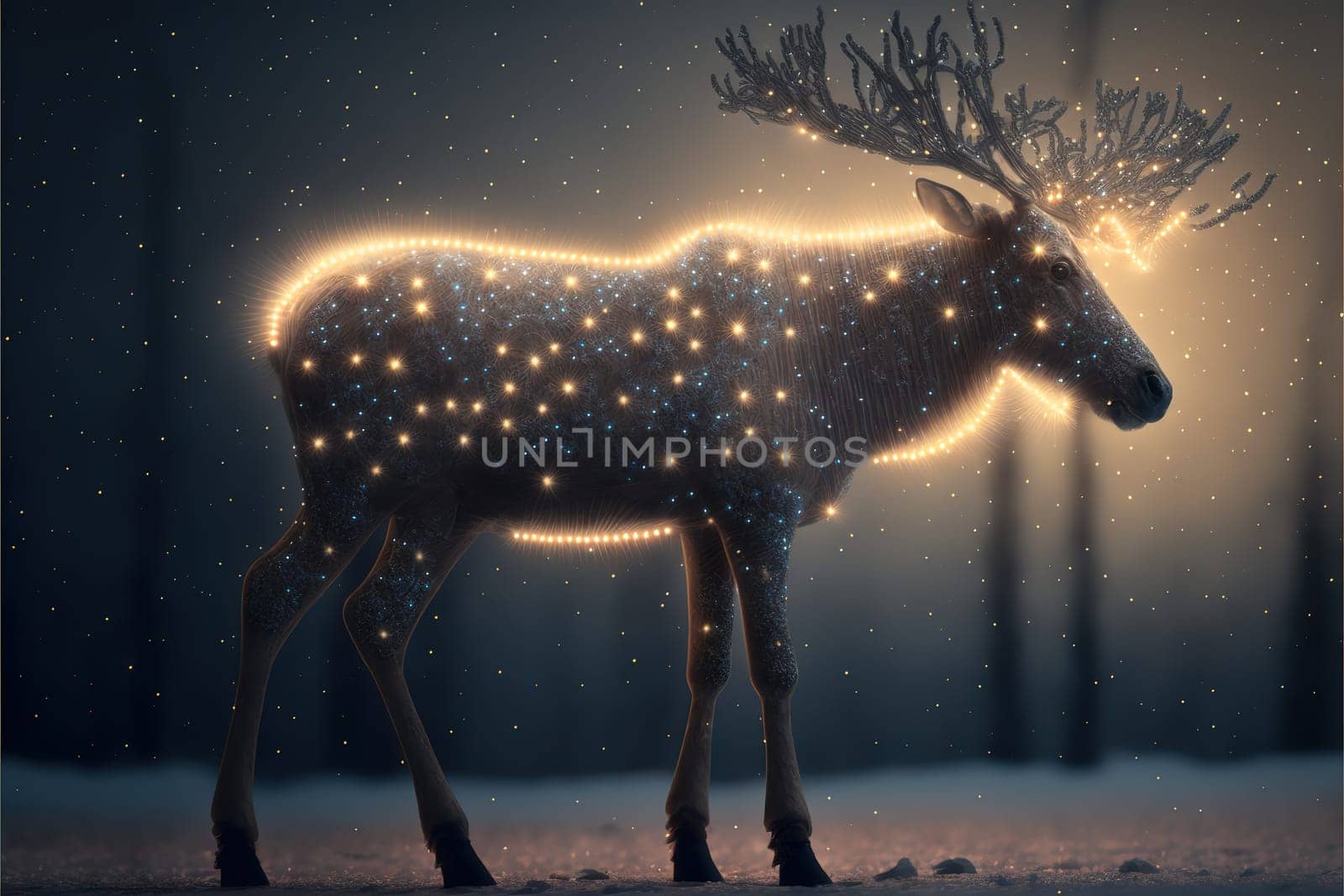 A magic festive reindeer covered in glowing lights in a winter scene.