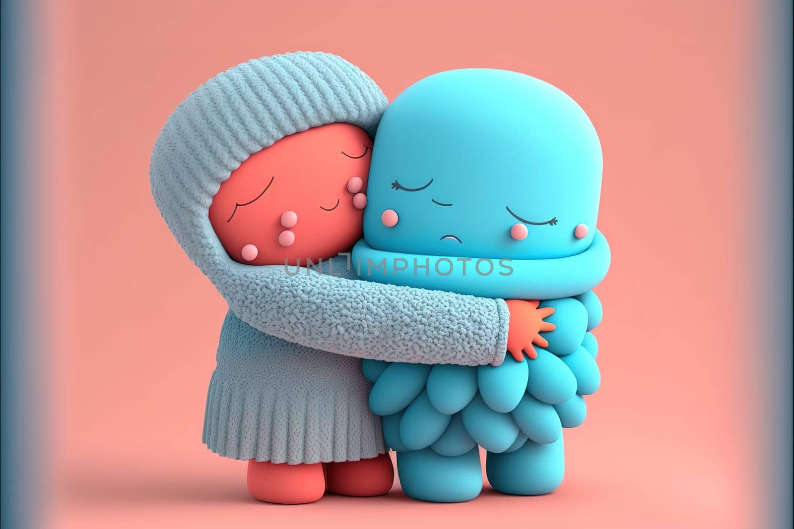 Two cute felt and rubber 3d render characters giving hugs to each others, agenerative id,valentine day or hugs day perfect illustration for poscards.