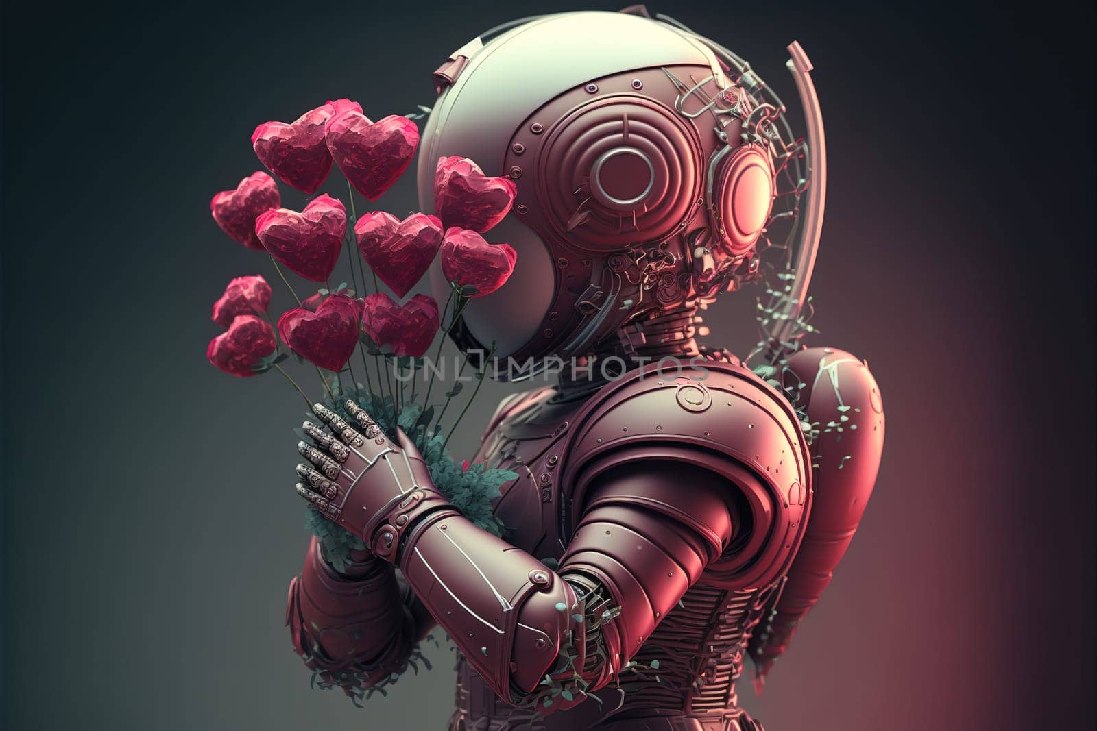 Futuristic love alien warrior astronaut robot in cyber suit, helmet made of fresh Spring flowers and hearts balloon, mask portrait. Valentine's Day from space. A fictional 3d character.