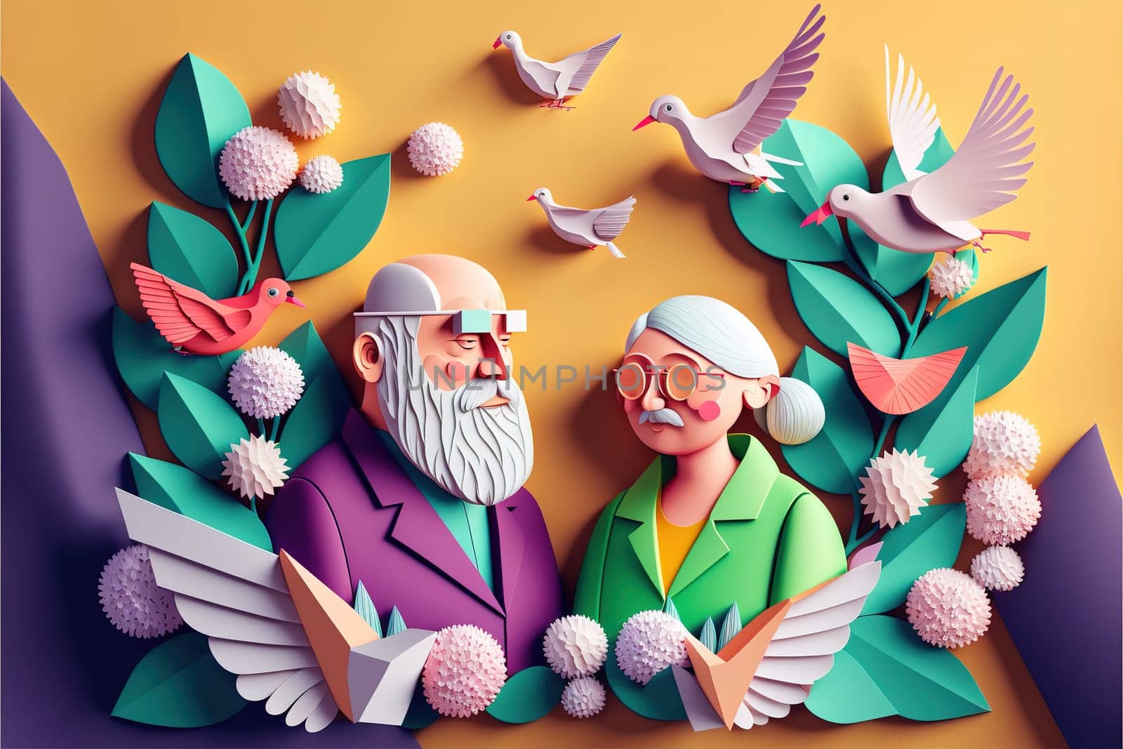 origami spring background, joyful elderly, happy couple, spring colorful. Paper cut craft, 3d paper illustration style, pop color. Valentine day concept. Love concept art.