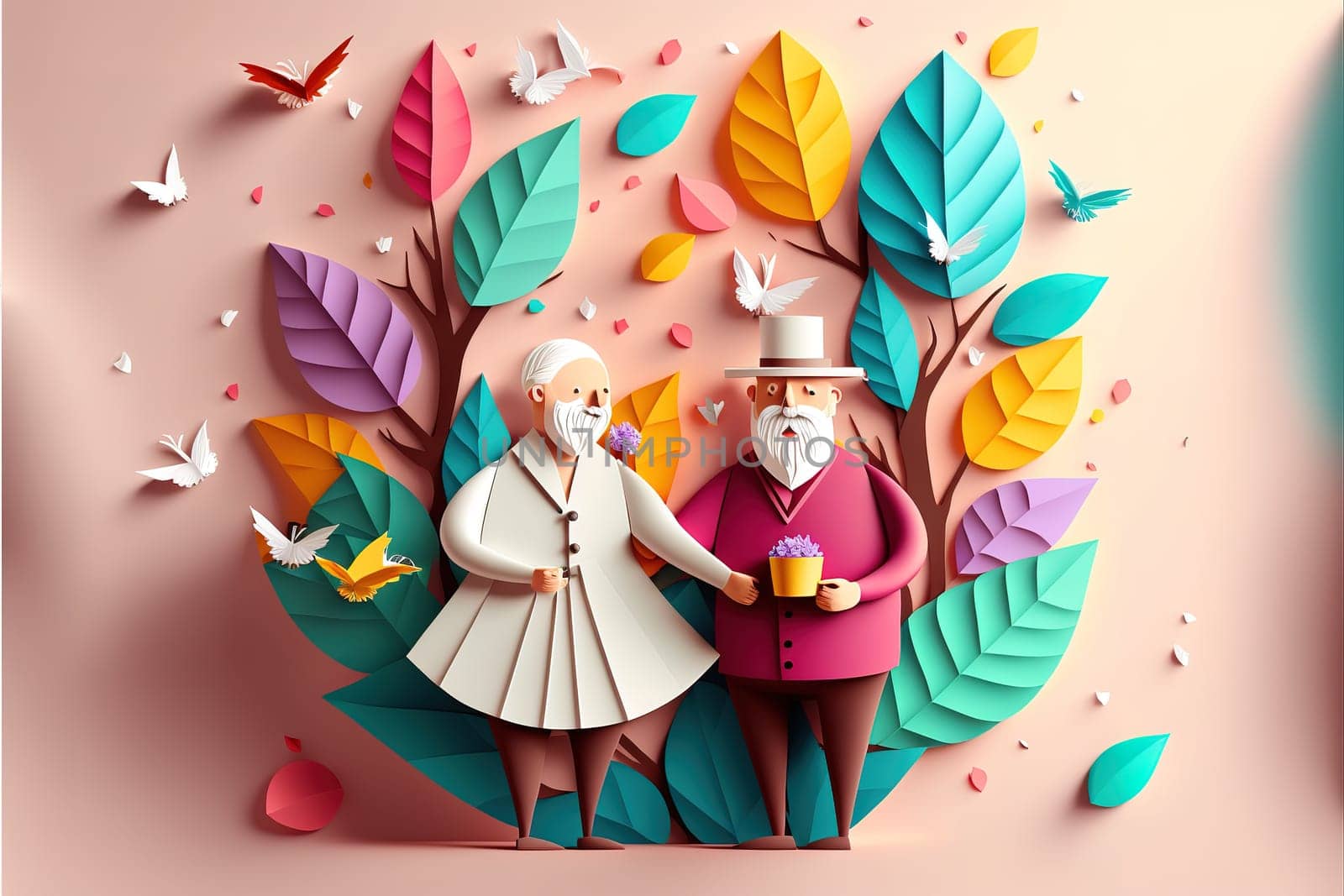 origami spring background, joyful elderly, happy couple, spring colorful. Paper cut craft, 3d paper illustration style, pop color. Valentine day concept. Love concept art.