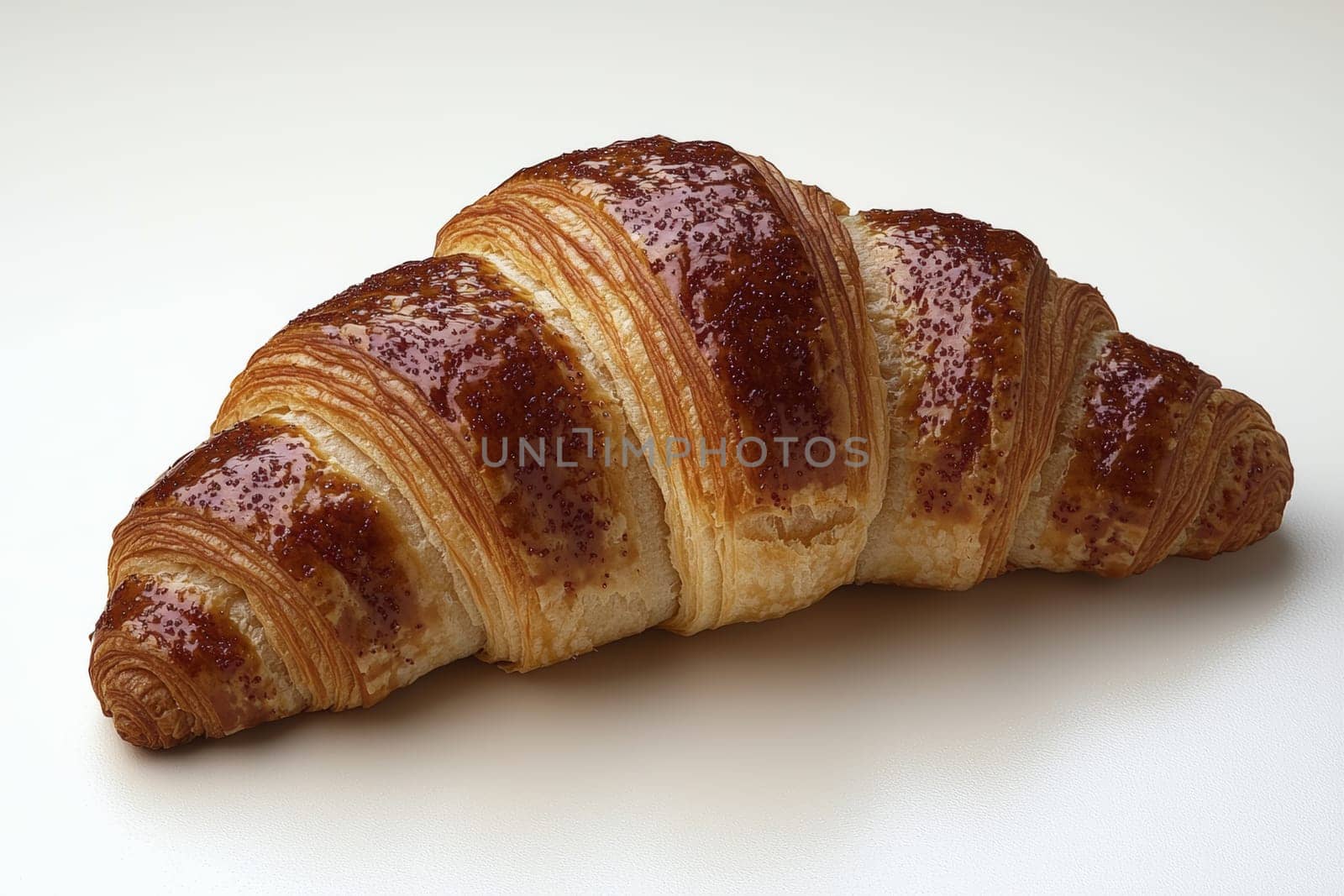 A beautifully crafted croissant shines with a glossy finish, showcasing its flaky layers and inviting appearance, perfect for breakfast.