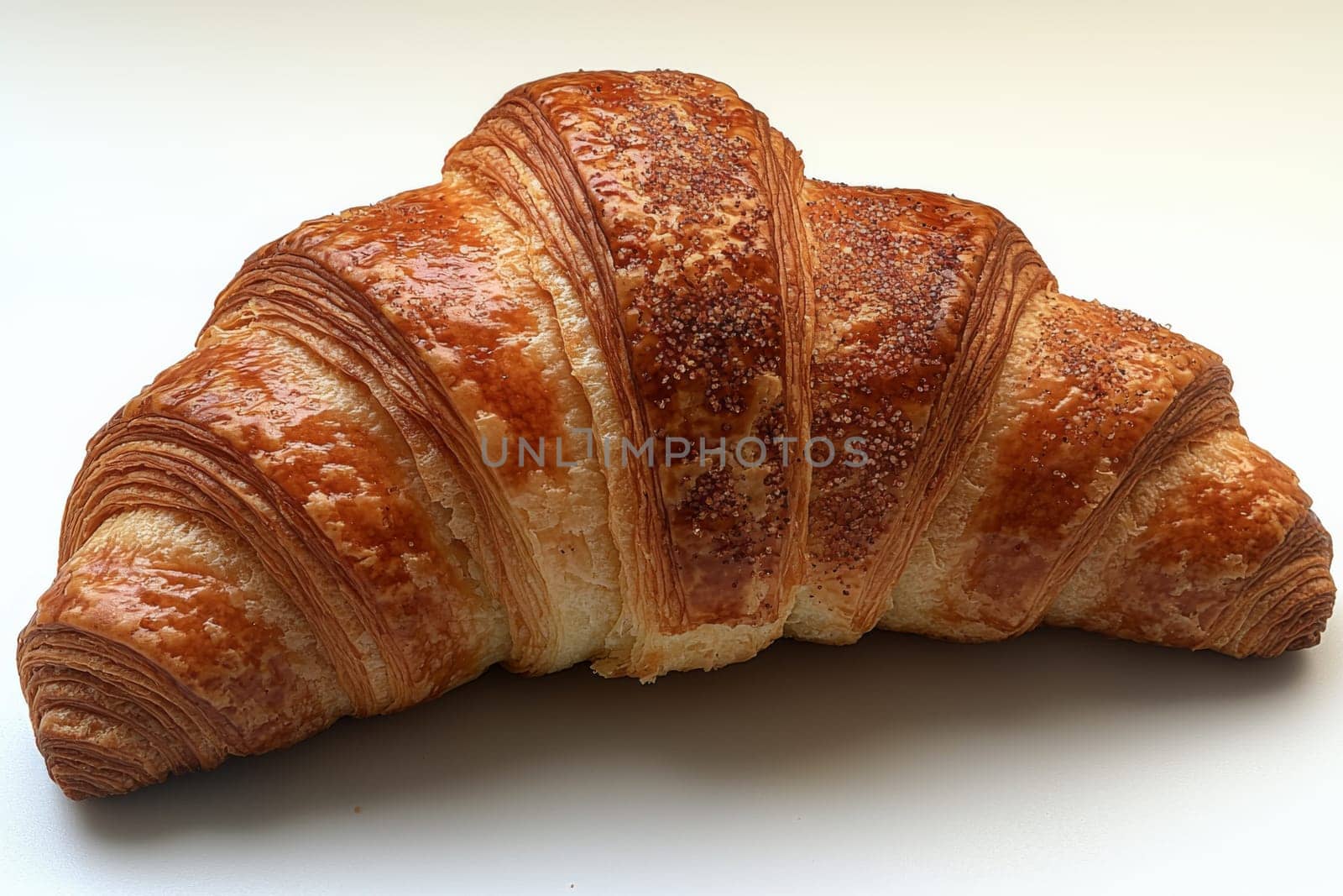 A freshly baked croissant lies elegantly on a smooth surface, inviting with its crunchy golden exterior and delicate, flaky layers.