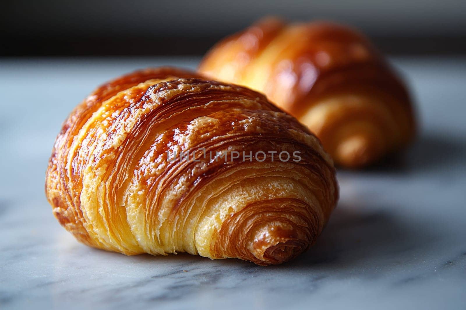Deliciously baked croissants with a rich, flaky texture sit invitingly on a marble countertop, tempting you to take a bite.