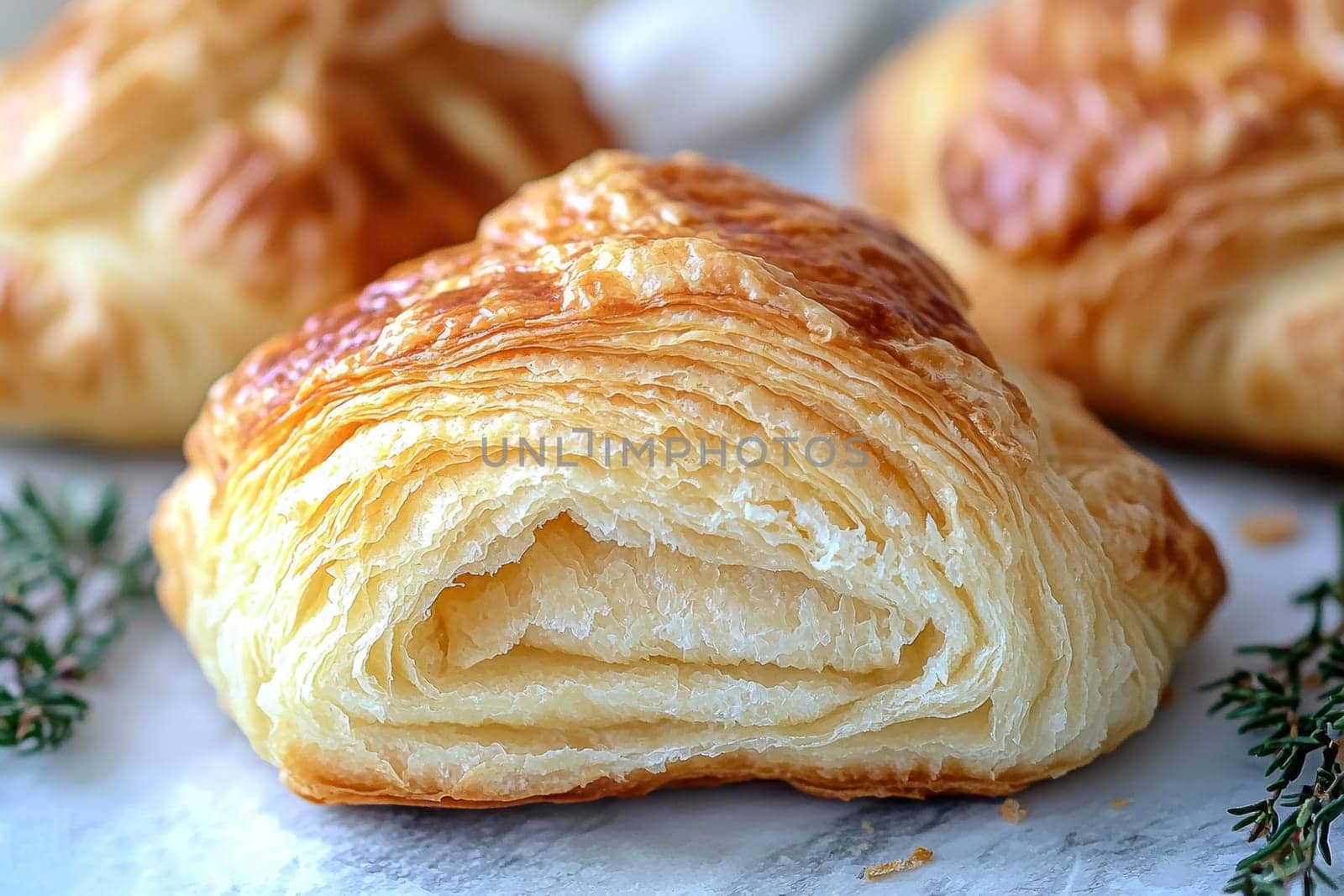 A freshly baked pastry showcases layers of buttery goodness, sitting elegantly on a smooth marble surface with a touch of greenery.