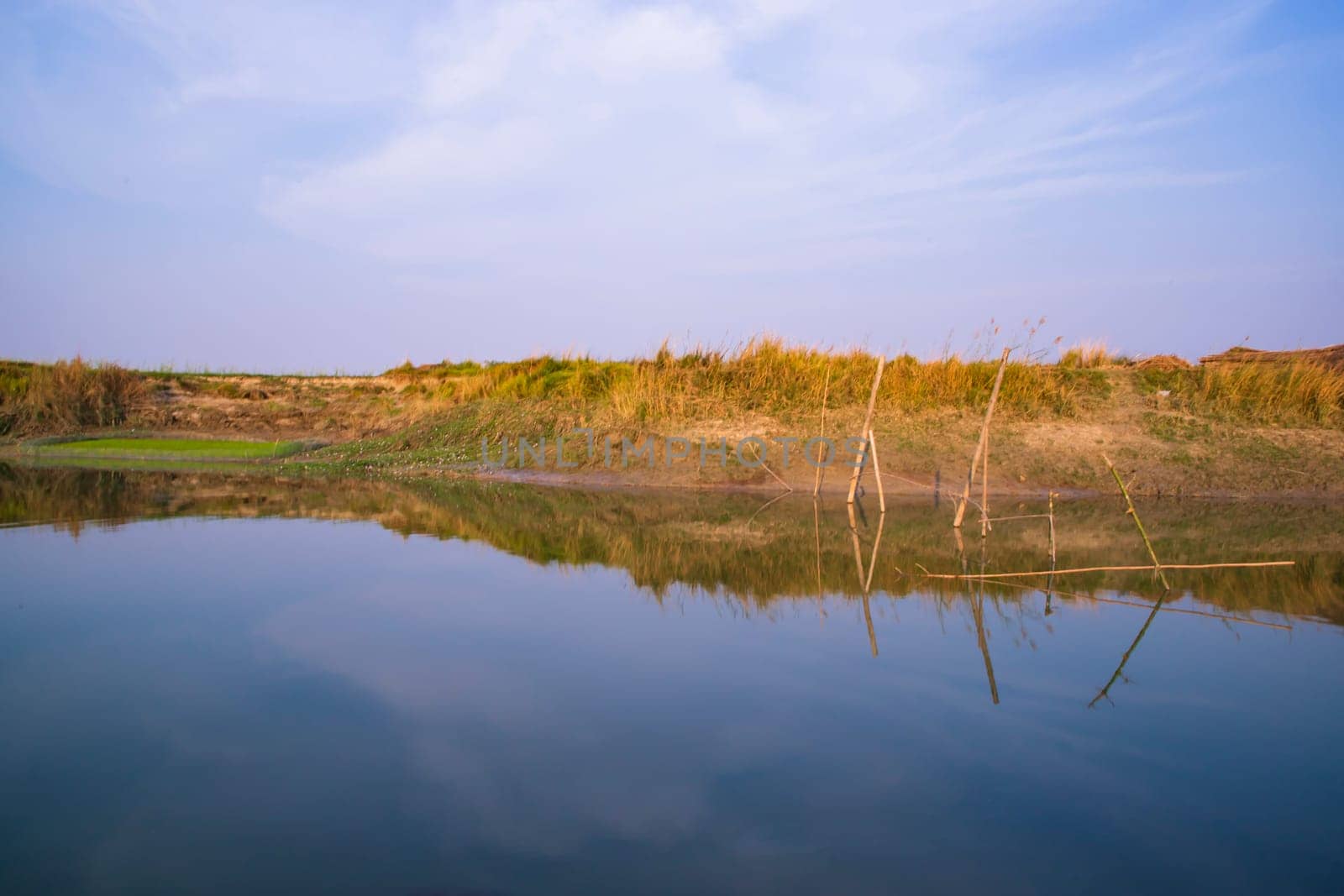 Canal with green grass and vegetation reflected in the water nearby Padma river in Bangladesh