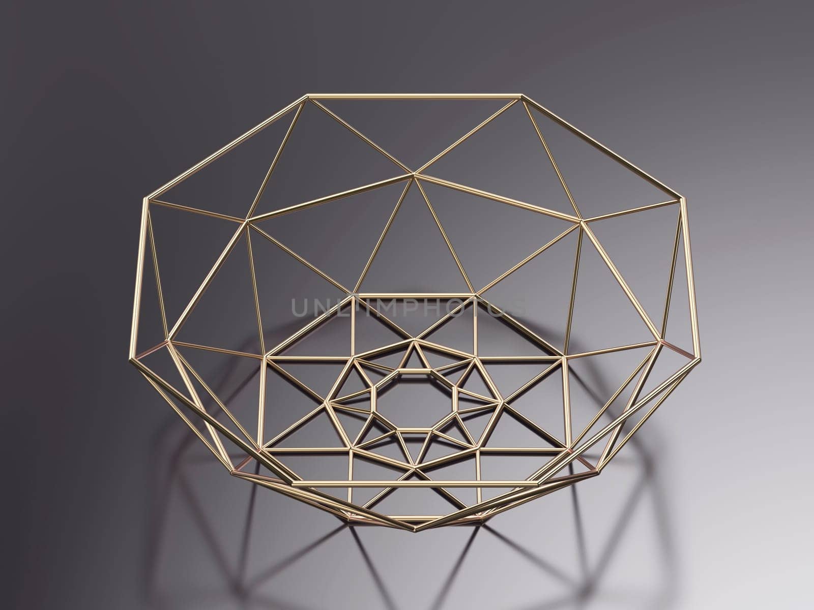 Empty rose gold fruit basket on dark grey background