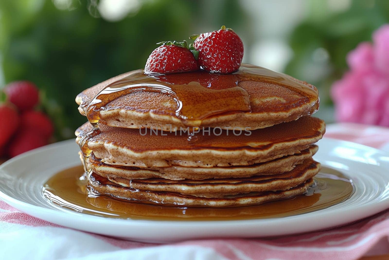 Stack of warm pancakes covered in golden syrup and adorned with ripe strawberries at a delightful morning gathering.