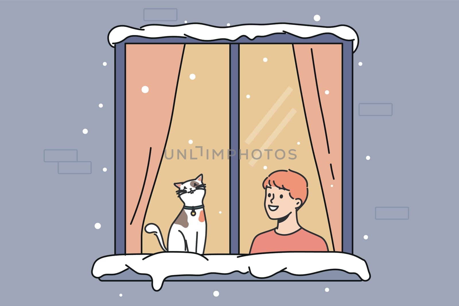 Smiling little boy child and cat sit in window look at street in winter. Happy kid with domestic pet indoors in cozy home. Vector illustration.