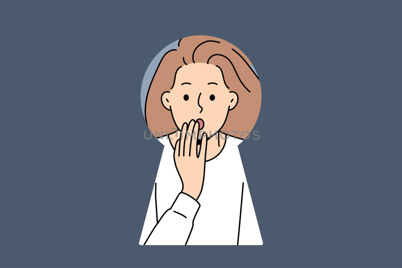 Stunned young woman look in lock hole shocked with unbelievable view. Amazed female feel surprised or astonished standing behind doors. Vector illustration.
