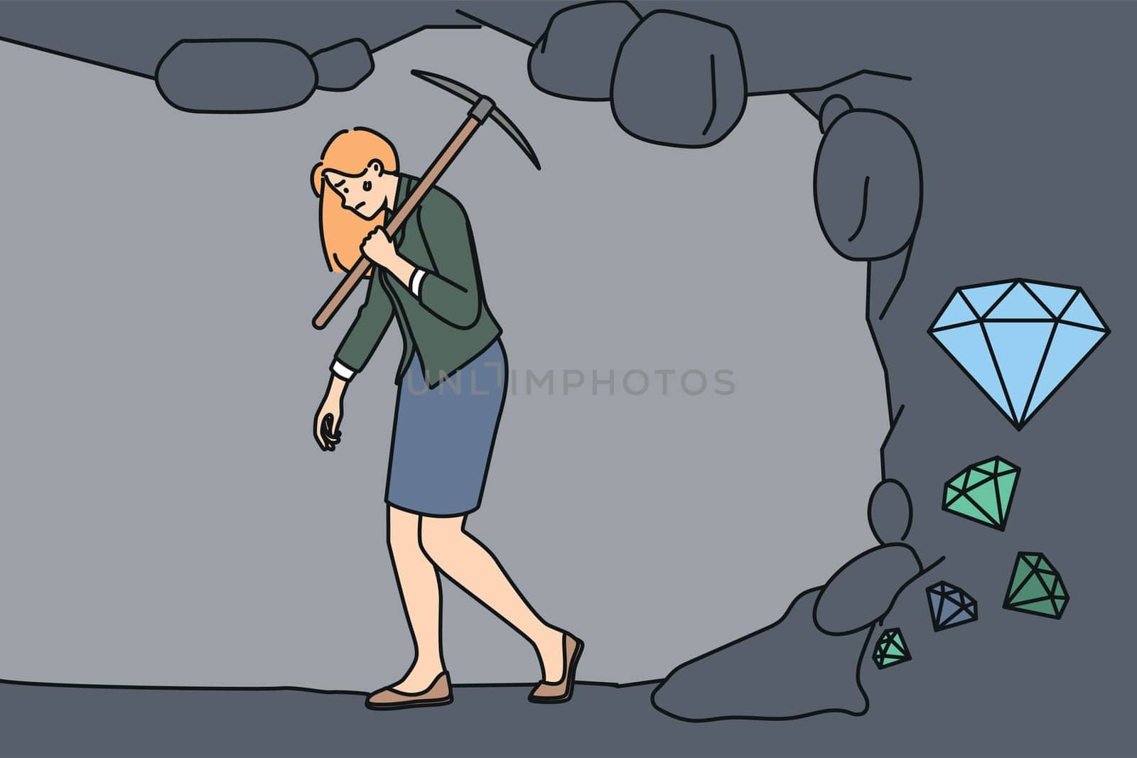 Tired businesswoman quit struggle with diamonds digging feeling exhausted and overwhelmed with work. Concept of job fatigue and burnout. Vector illustration.