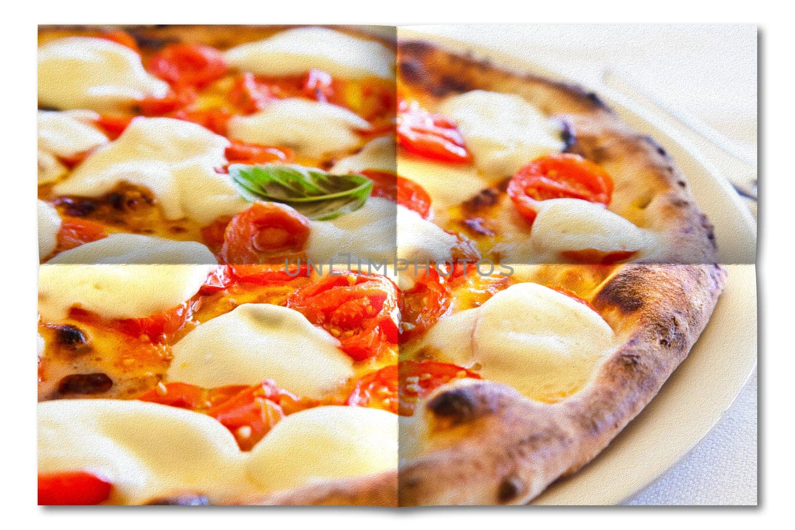 Creative picture of Pizza Margherita with Mozzarella cheese, basil and tomatoes