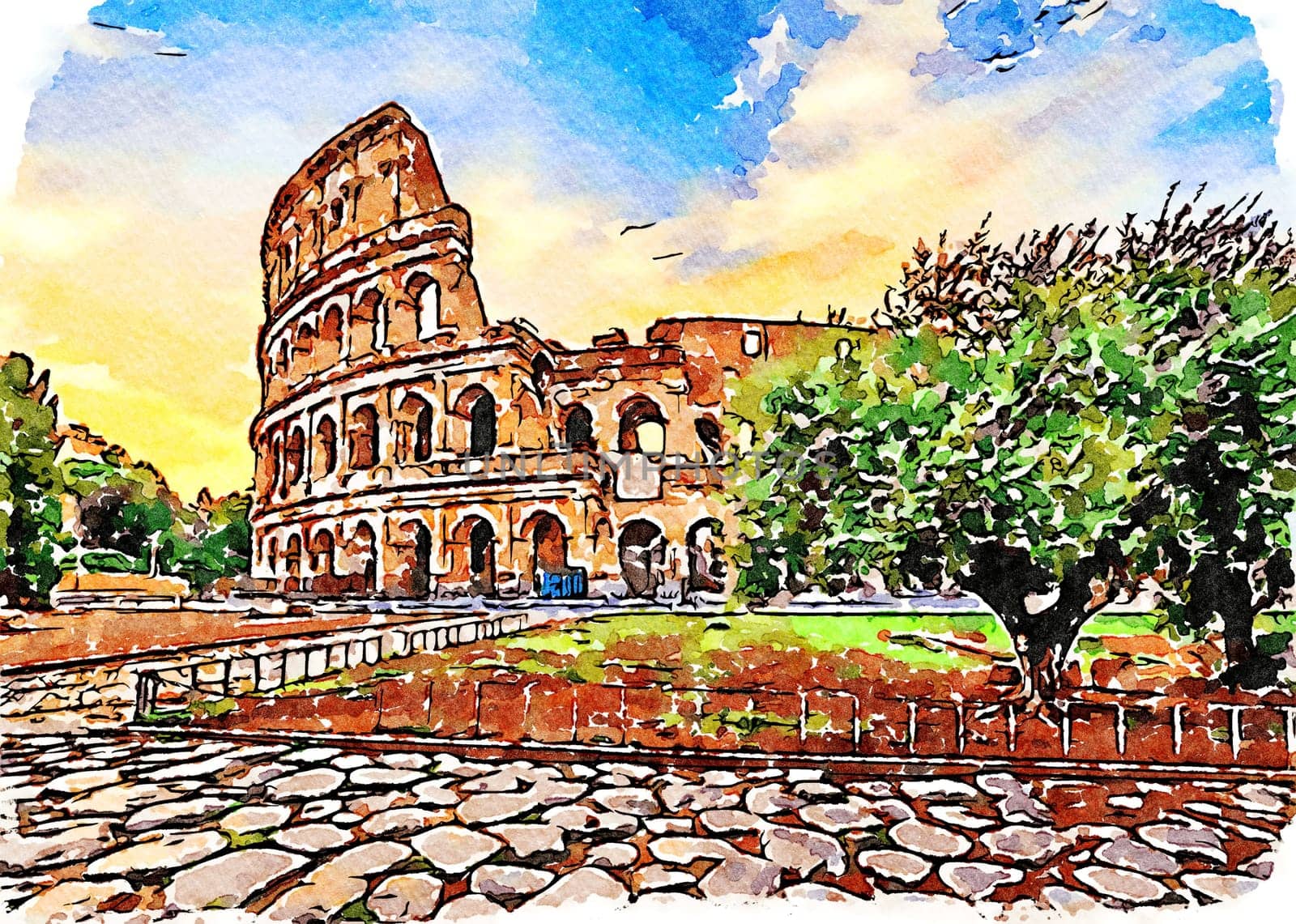 Rome, Italy - Sunset behind the Colosseum - Creative illustration, vintage watercolor design