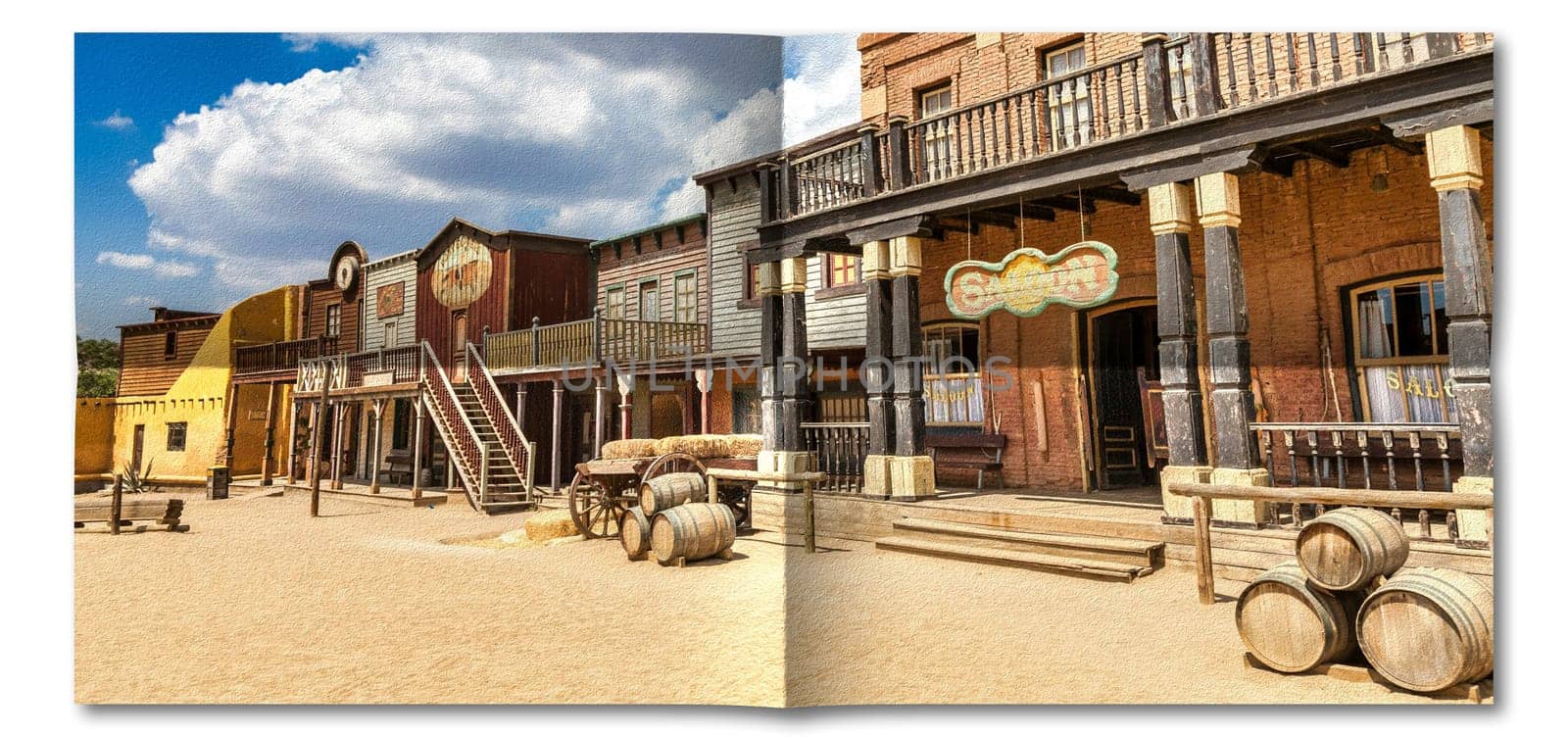 Creative picture of Wild West village with old buildings and saloon