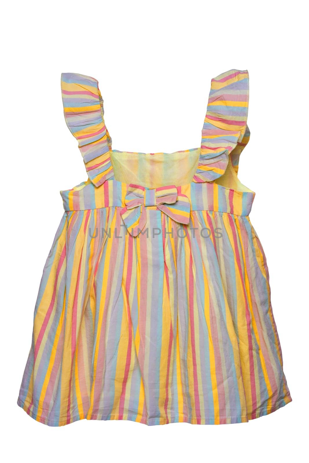 Summer dress isolated. Closeup of a colorful striped sleeveless baby girl dress isolated on a white background. Children spring fashion. Clipping path. Front view.