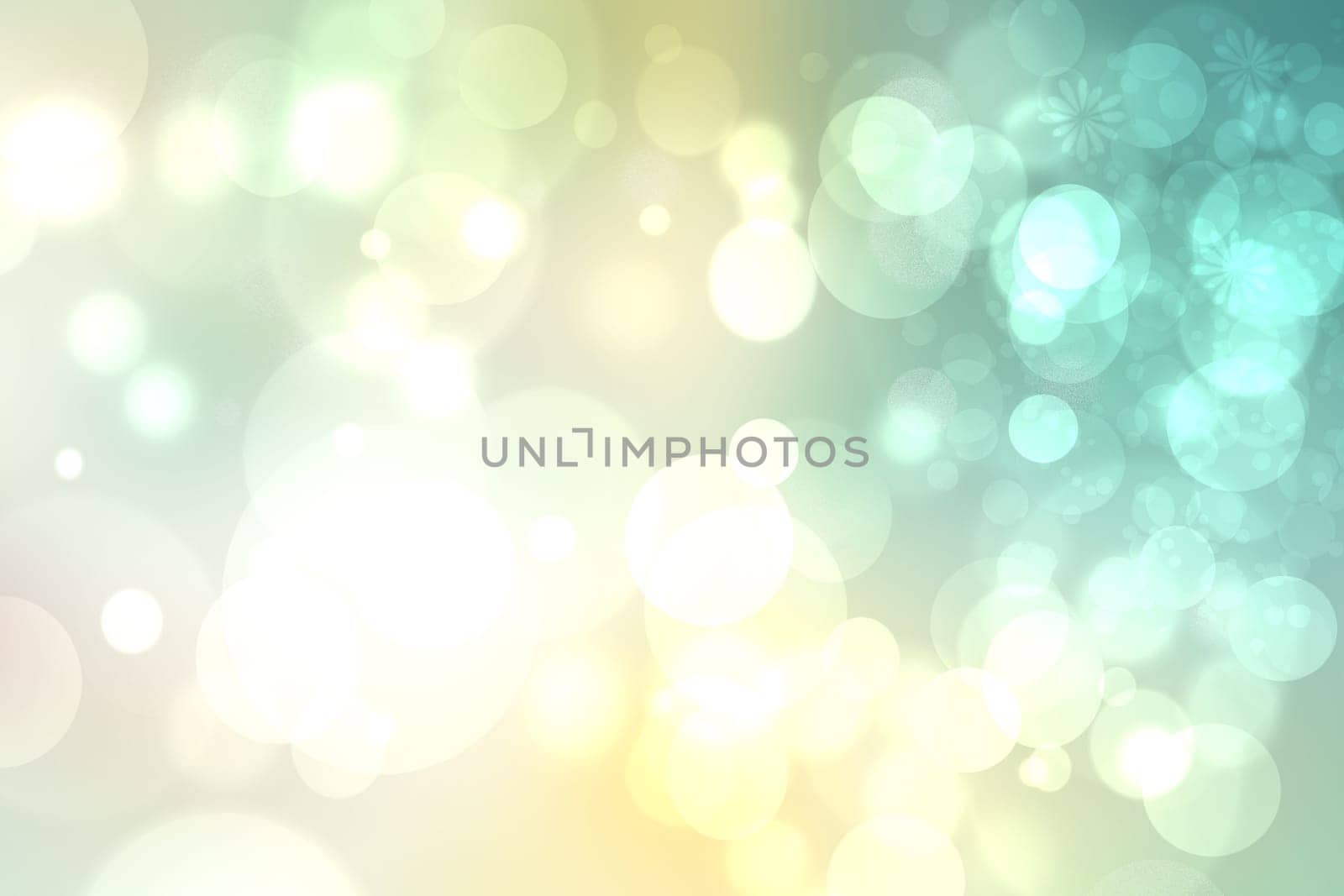 Abstract gradient light blue turquoise yellow green shiny blurred background texture with circular bokeh lights. Beautiful fresh backdrop. Space for design.