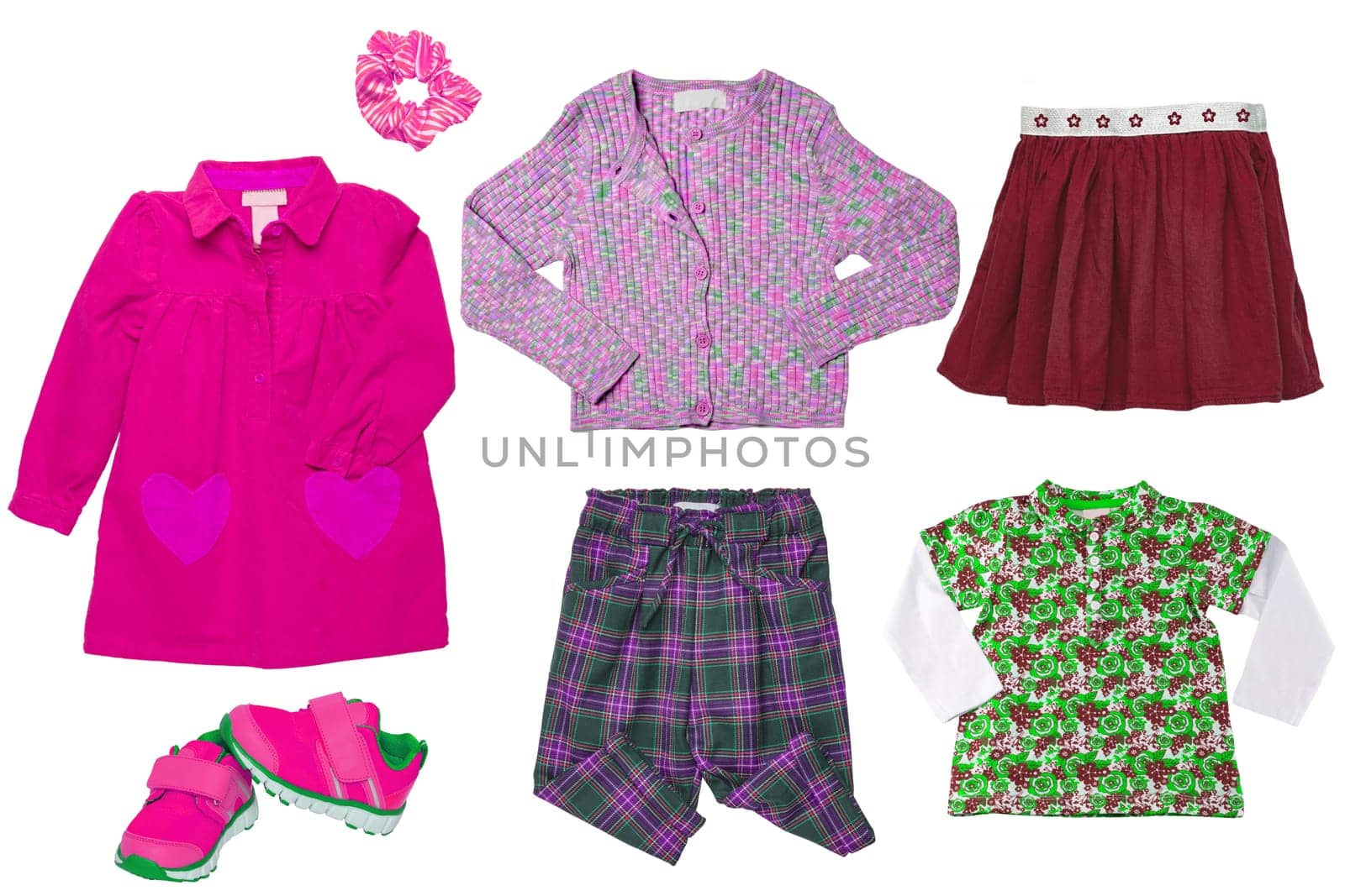 Collage set of girls spring clothing. The collection of a stylish dress, a sweater, shirt, skirt, sneaker, shorts, pants and a cardigan. Kids autumn and winter fashion.