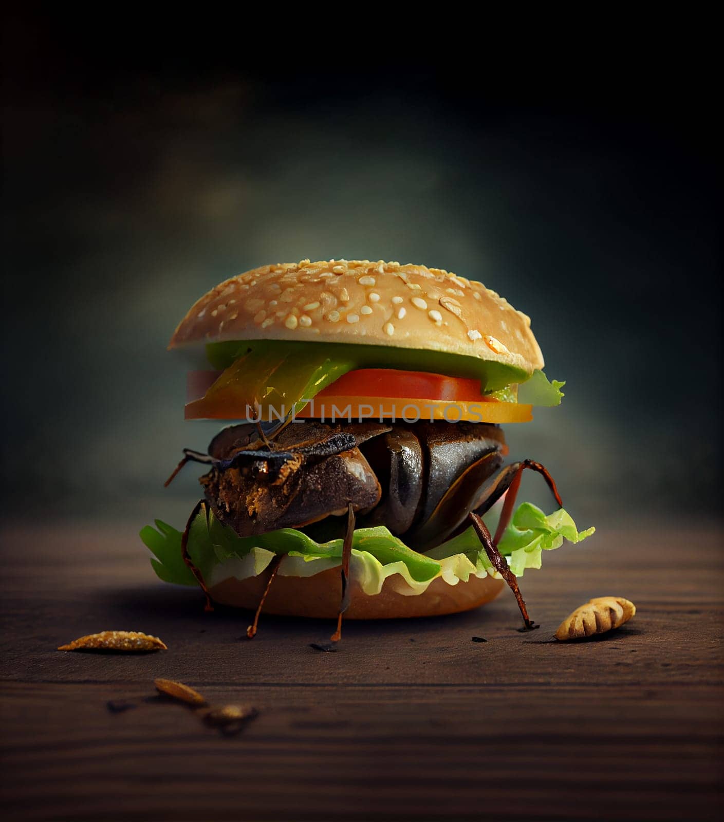 Cricket insect in burger bun with salad and vegetables, source for high protein, entomophagy food concept, generative AI