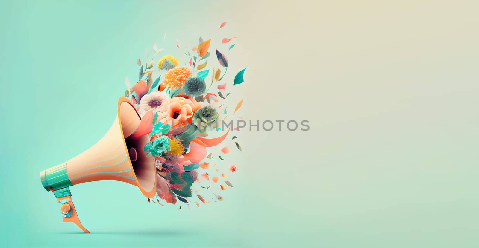 Megaphone with colorful pastel summer flowers, advertising and marketing concept, social media, announce positive and creative idea, generative AI