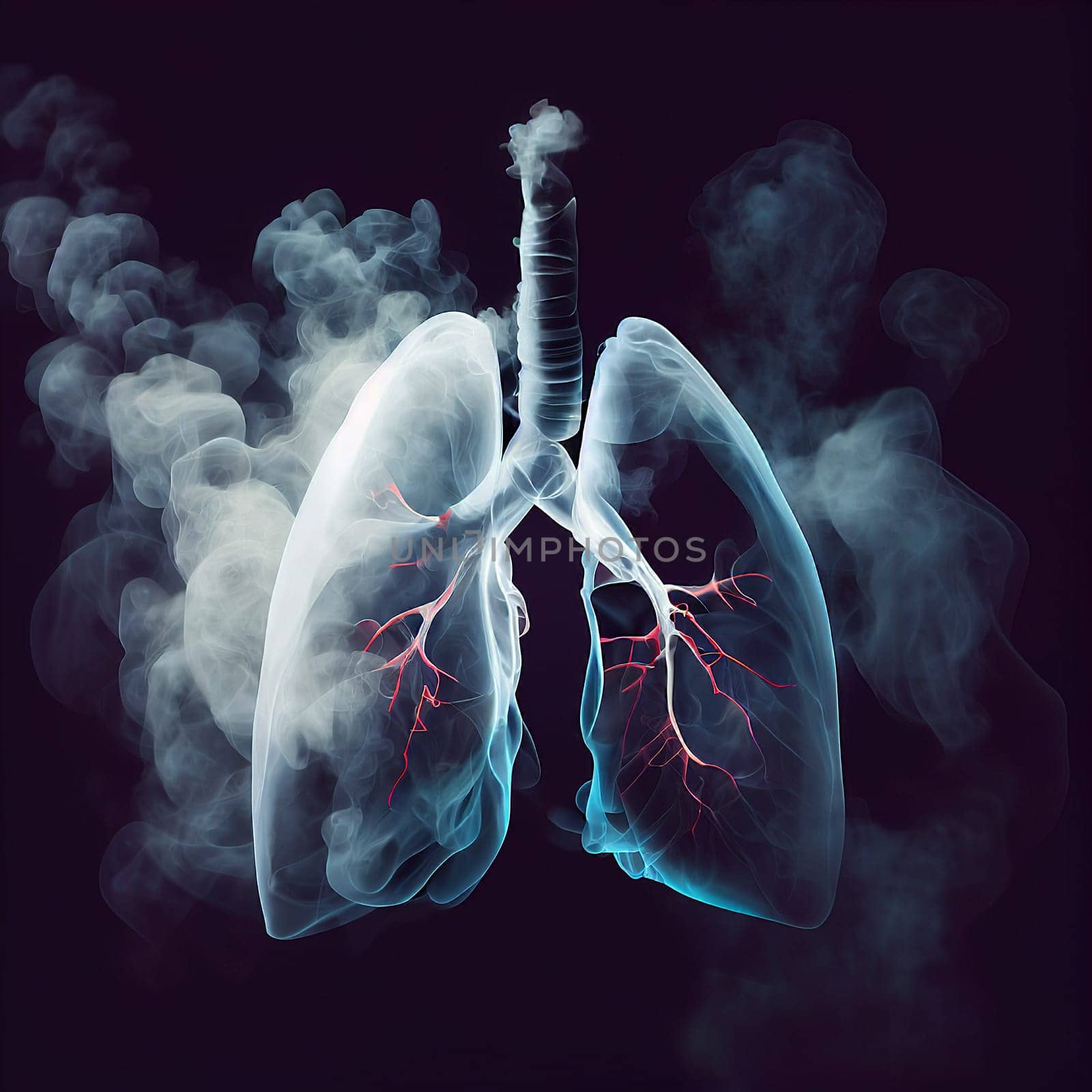 Lung with smoke, x-ray of the organ, world no tabacco day, unhealthy addiction , medical health risk, generative AI