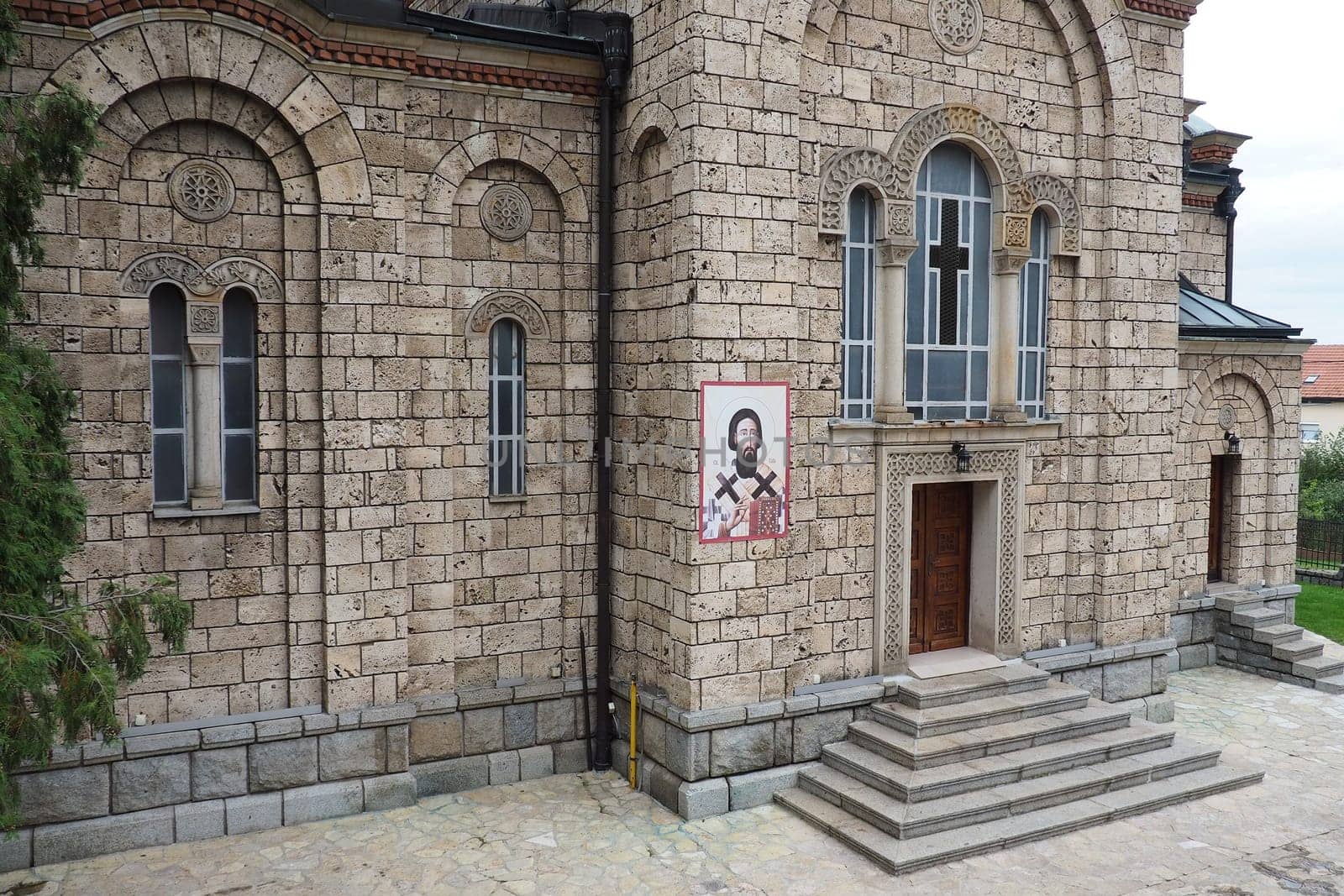Banja Koviljaca, Serbia, Guchevo, Loznica, September 30, 2022 Rehabilitation center with sulfur and iron mineral waters. Church of the Holy Apostles Peter and Paul. It belongs to the diocese of Sabac