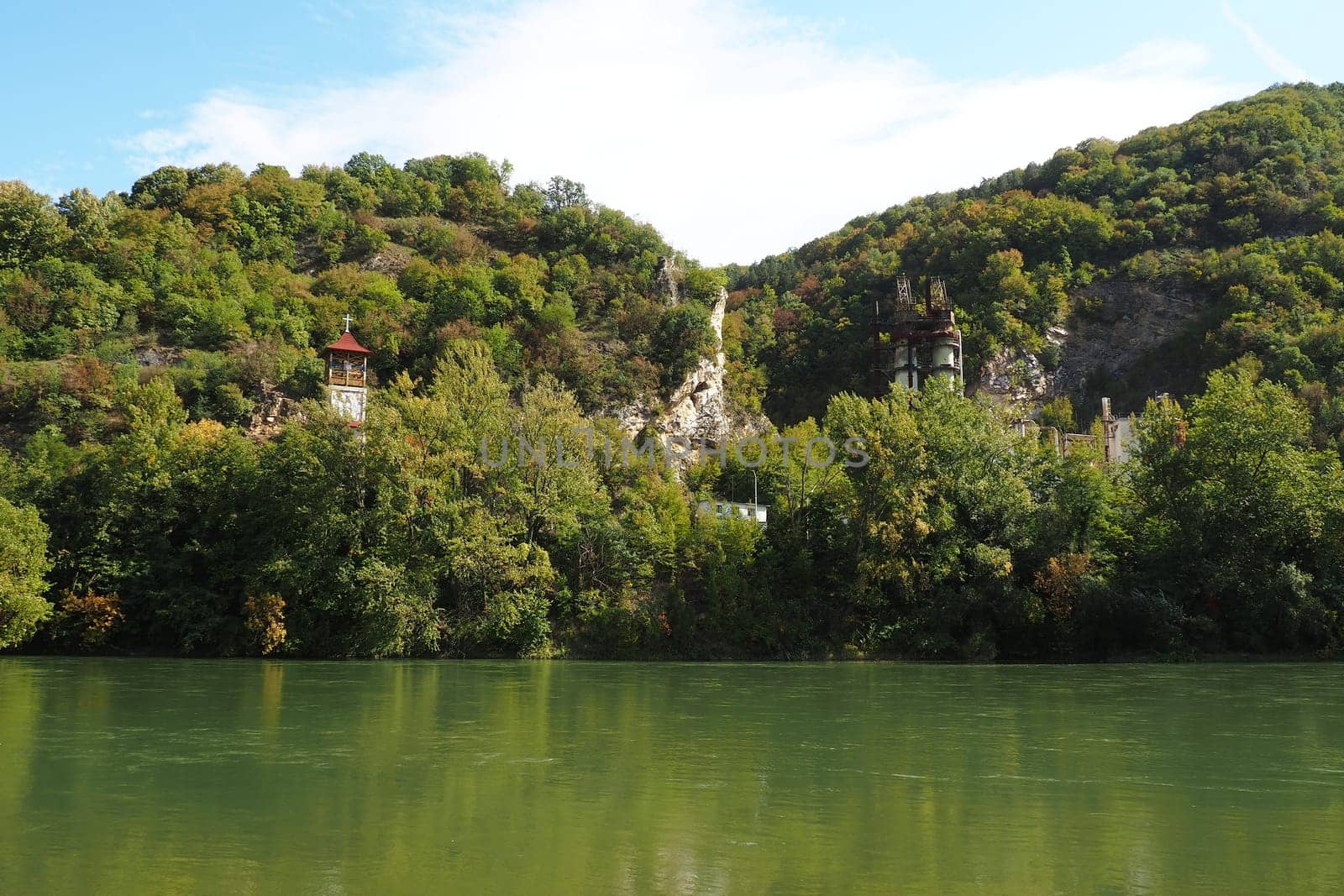 Mali Zvornik, Serbia, September 29, 2022 The Church of the Holy Cross, or Mali Ostrog, a place of worship in the rock was carved in a cave. The temple is in the shape of a cross, buried in the ground