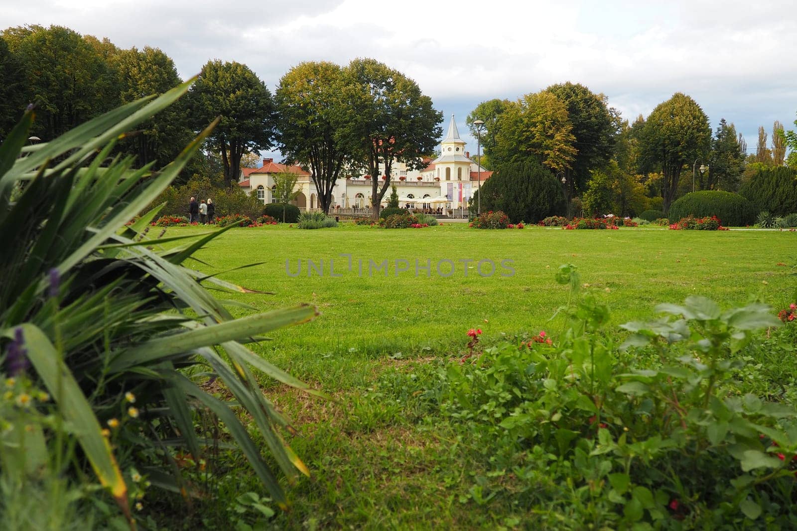 Banja Koviljaca, Serbia, Guchevo, Loznica, Sept 30, 2022. Rehabilitation center with sulfur and iron mineral waters. Landscape from the observation deck to the Kur-salon, fountain and walking paths