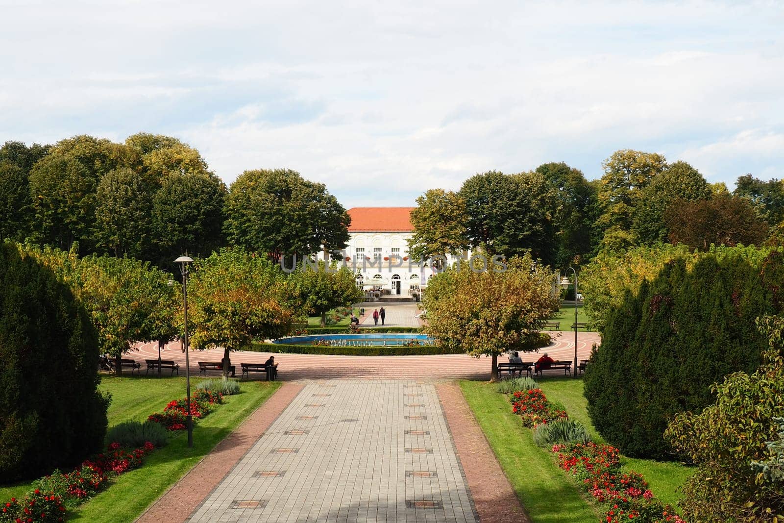 Banja Koviljaca, Serbia, Guchevo, Loznica, Sept 30, 2022. Rehabilitation center with sulfur and iron mineral waters. Landscape from the observation deck to the Kur-salon, fountain and walking paths