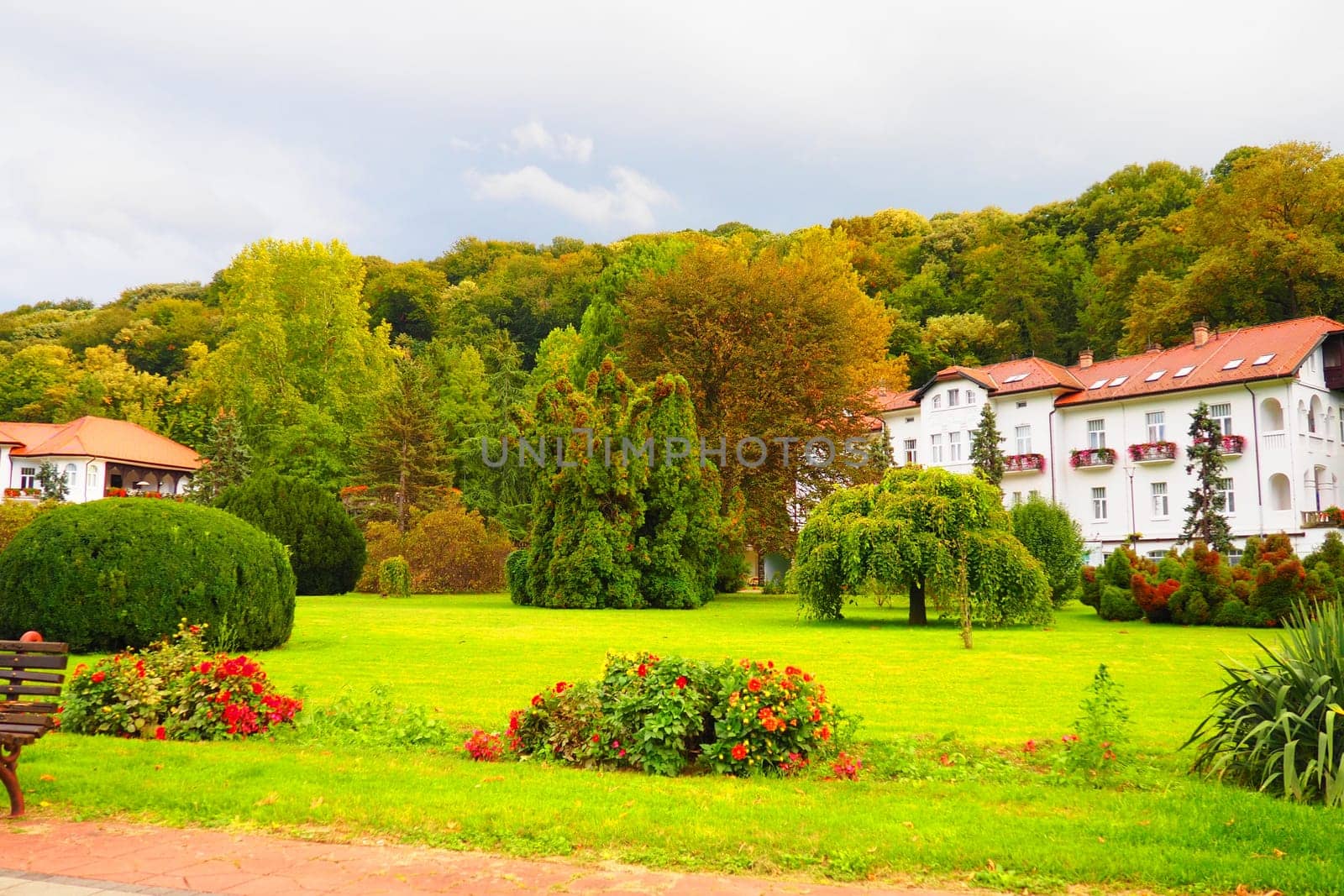 Banja Koviljaca, Serbia, Guchevo, Loznica, September 30, 2022. Rehabilitation center with sulfur and iron mineral waters. Park paths for walking. Gardening and tourism business Banja Koviljacha.
