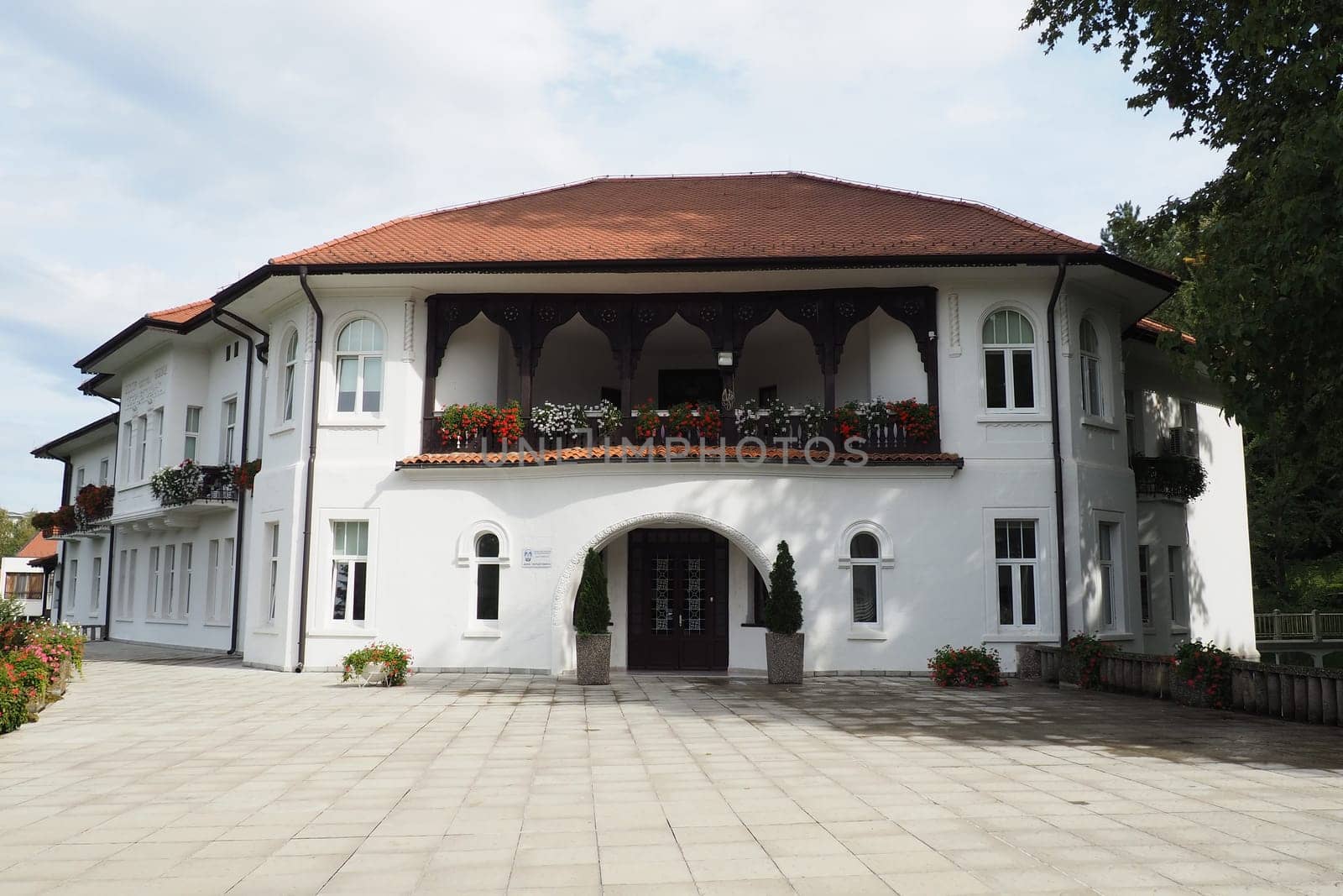 Banja Koviljaca, Serbia, Guchevo, Loznica, September 30 2022 Rehabilitation center with sulfur and iron mineral waters. Villa Herzegovina. Renovated building in Turkish style. Rehabilitation hospital