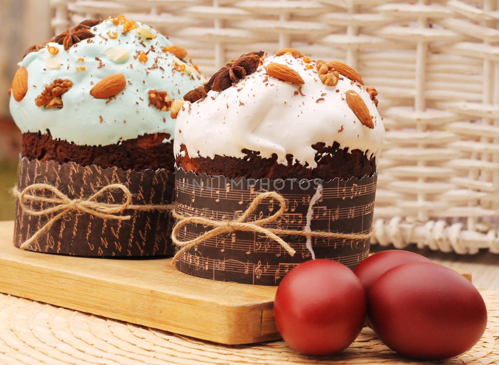 Easter eggs and cakes with icing nuts and anise stars
