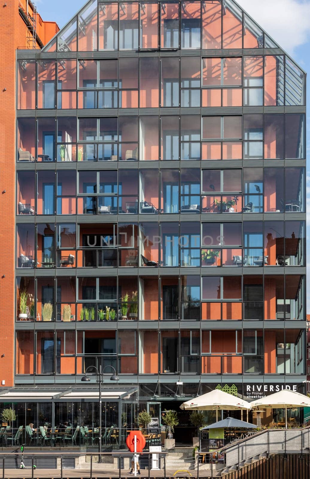 Gdansk, Poland - Sept 9, 2020: Modern architecture of the granaries island in old town of Gdansk. Poland