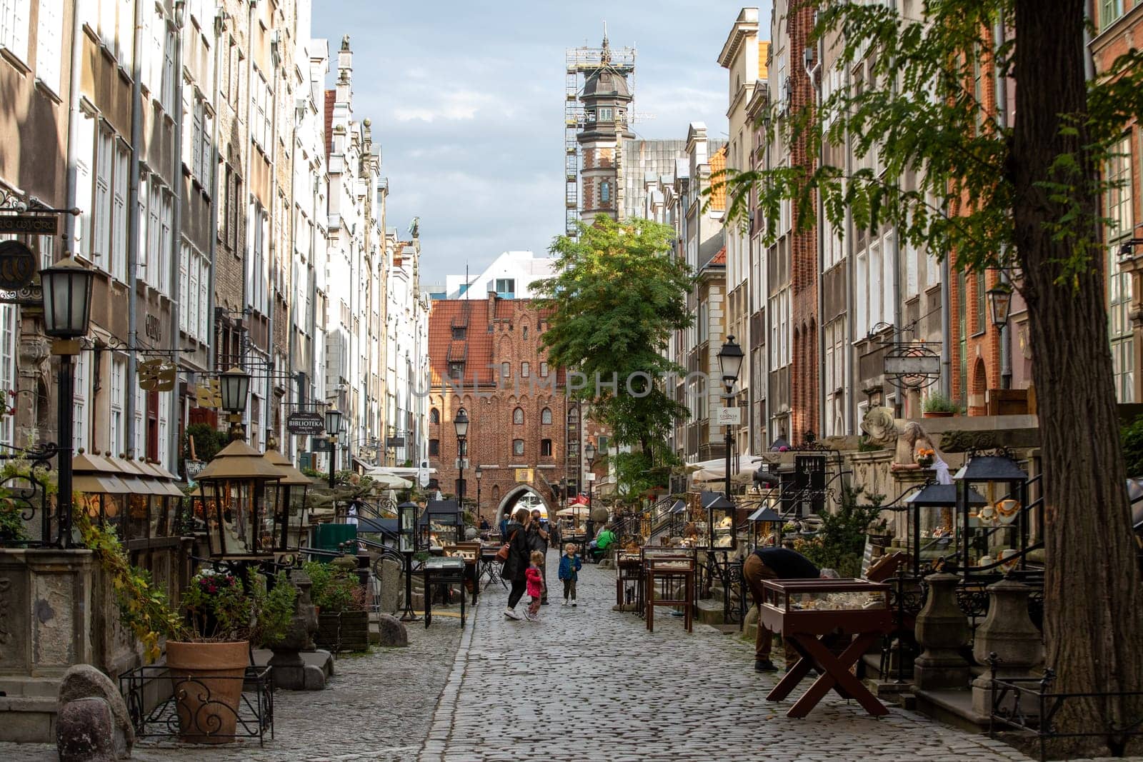Gdansk, Poland - Sept 9, 2020:  Mariacka Street, the main shopping street for the amber and jewelry in the old hanseatic city of Gdansk, Poland.
