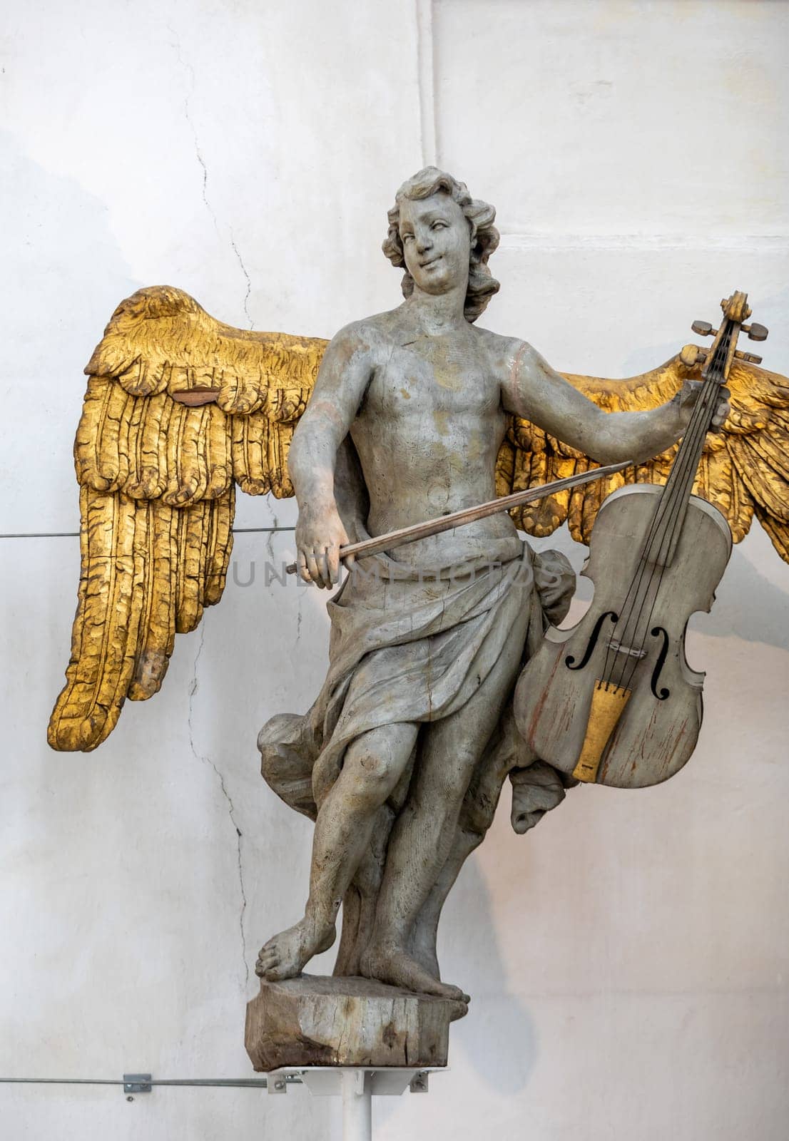 Gdansk, Poland - Sept 9, 2020: Baroque sculptures of David and musician angels in St. Mary's Basilica in Gdansk. Poland