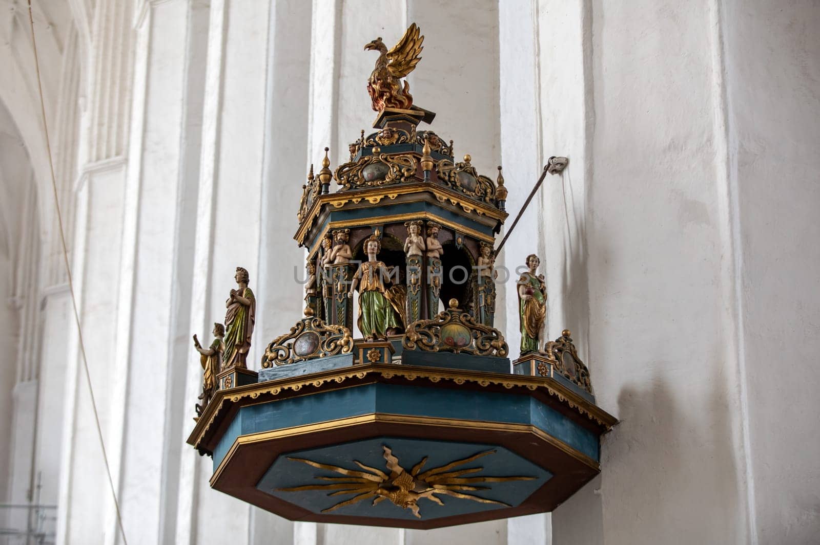 Gdansk, Poland - Sept 9, 2020: Mannerist pulpit in St. Mary's Basilica in Gdańsk. Poland