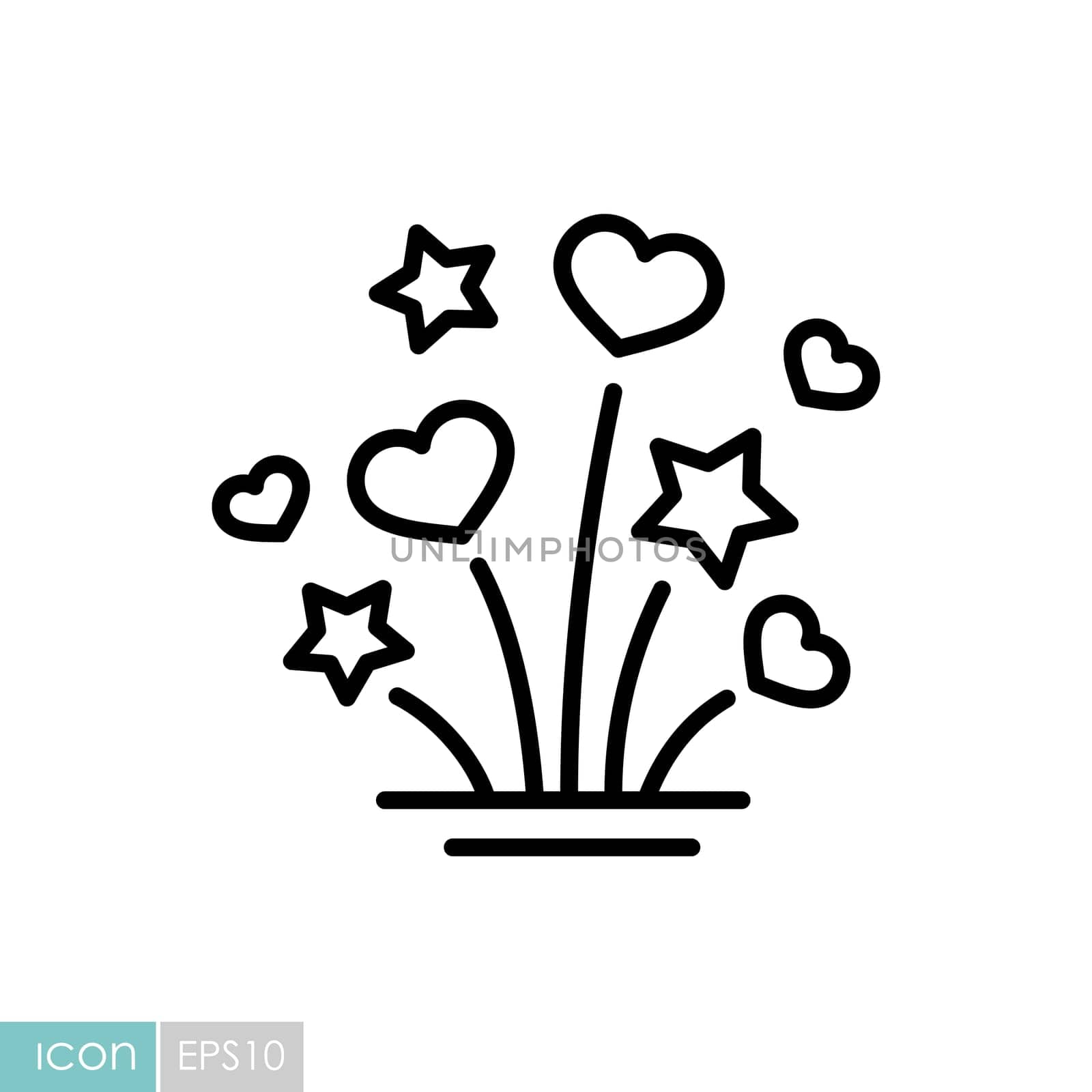Fireworks explosion splash with stars and hearts isolated icon. Vector illustration, romance elements. Sticker, patch, badge, card for marriage, valentine