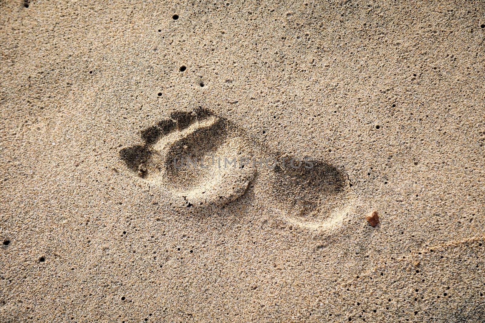 The footprint of a person in the wet sand on the beach.