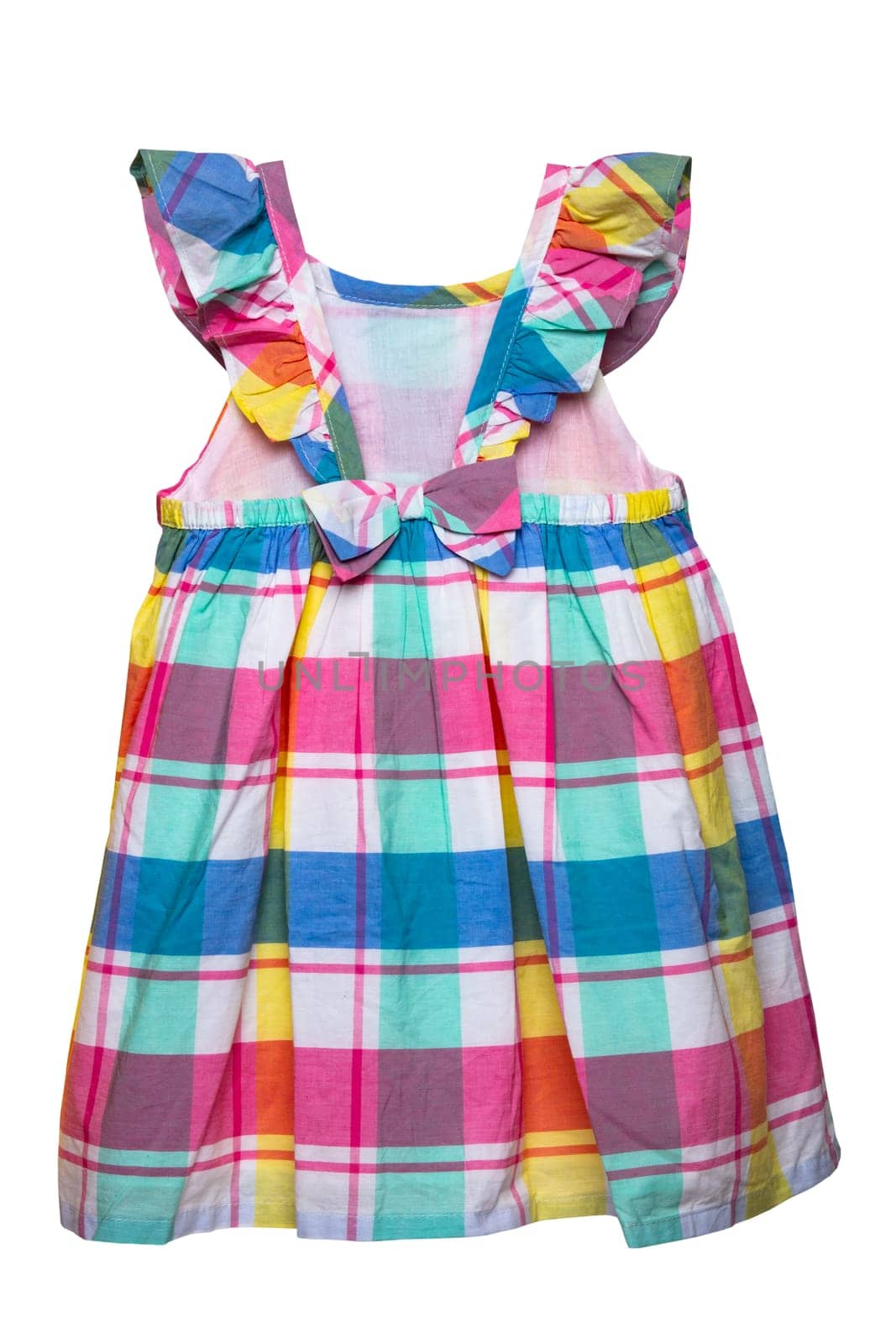Summer dress isolated. Closeup of a colorful checkered sleeveless baby girl dress isolated on a white background. Children spring fashion. Clipping path. Back view.