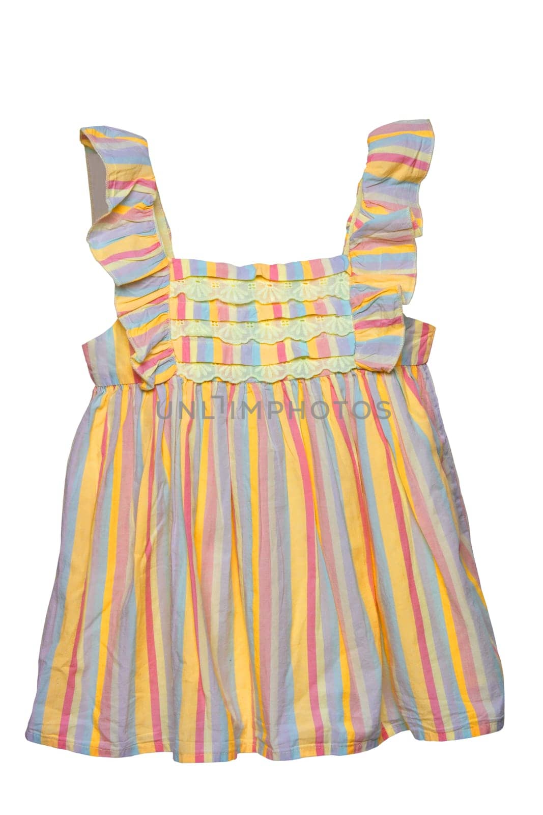Summer dress isolated. Closeup of a colorful striped sleeveless baby girl dress isolated on a white background. Children spring fashion. Clipping path. Back view.